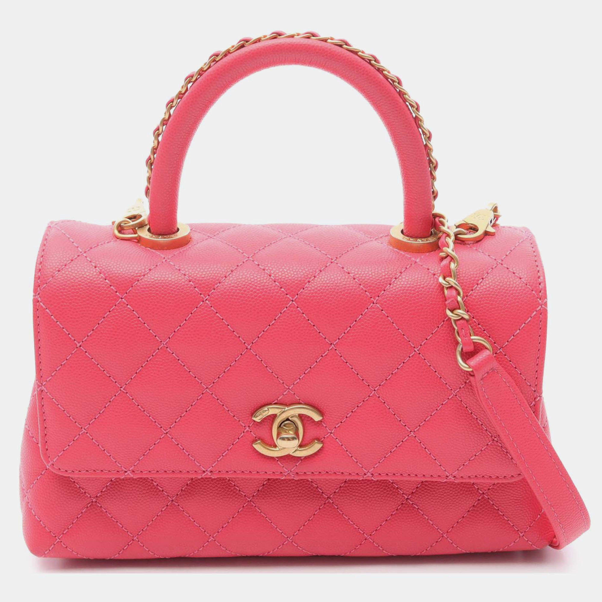 Pre Owned Chanel Pink Mini Caviar Coco Chain Top Handle Bag