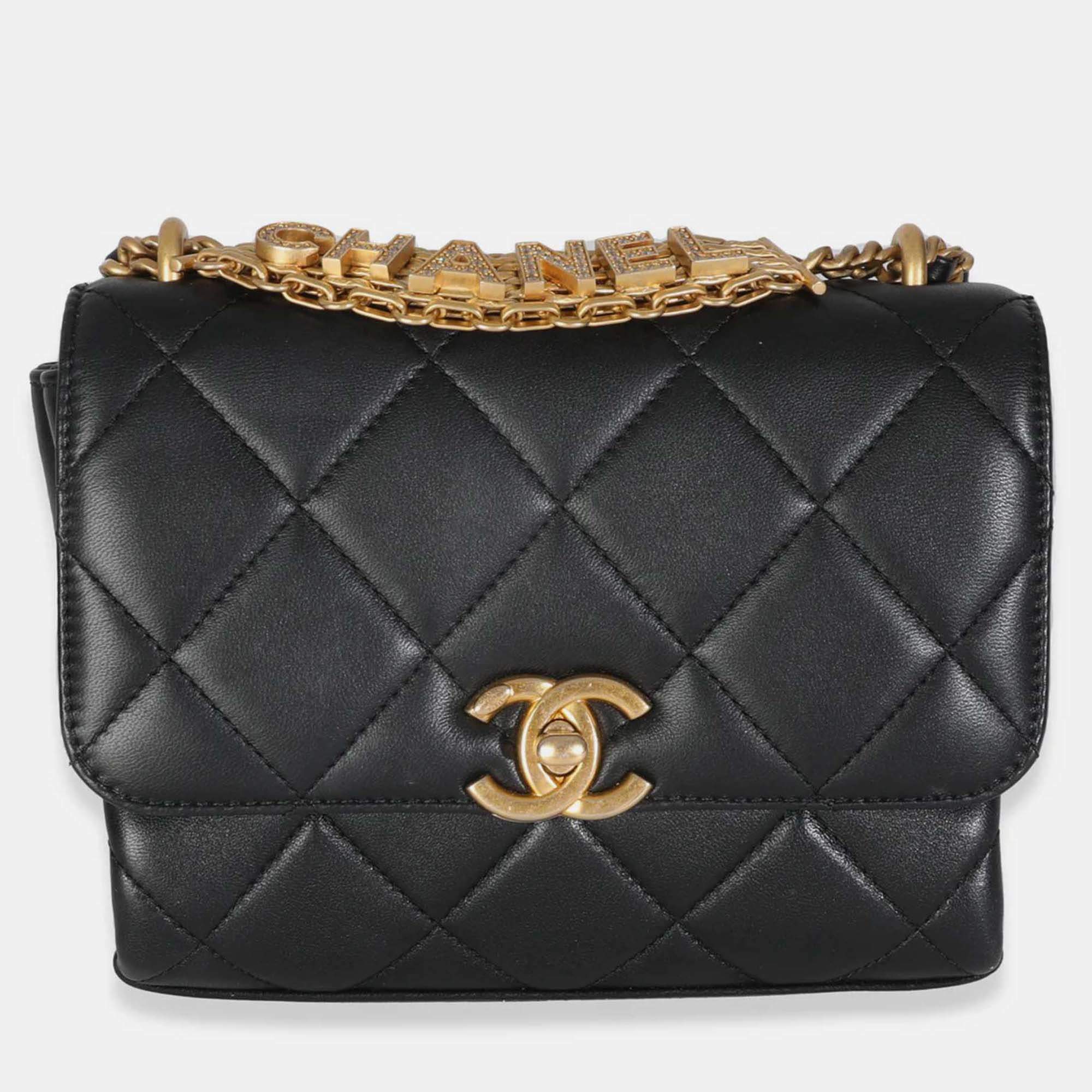 Pre Owned Chanel Black Quilted Lambskin Small CC Crystal Logo Chain Flap Bag