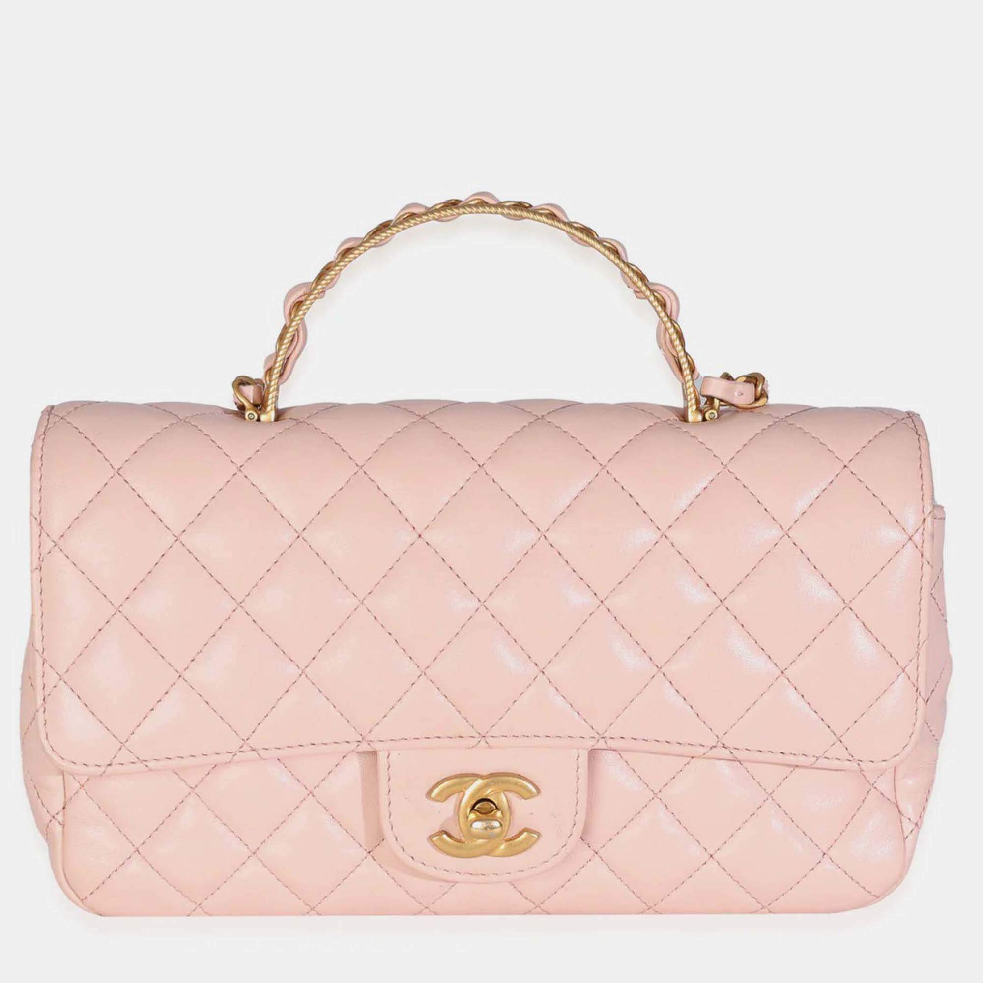 Pre Owned Chanel Light Pink Quilted Lambskin Small Metal Top Handle Flap Bag