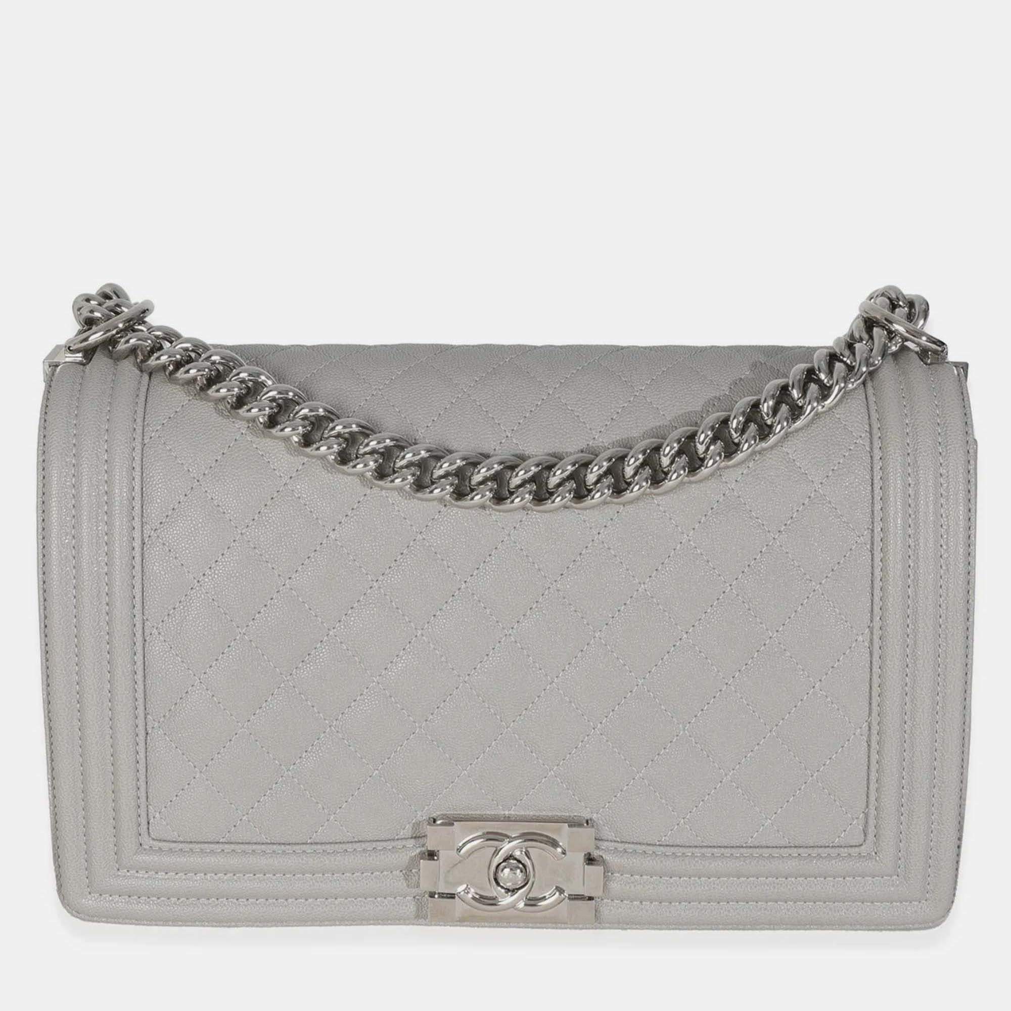 Pre Owned Chanel Grey Quilted Caviar New Medium Boy Bag