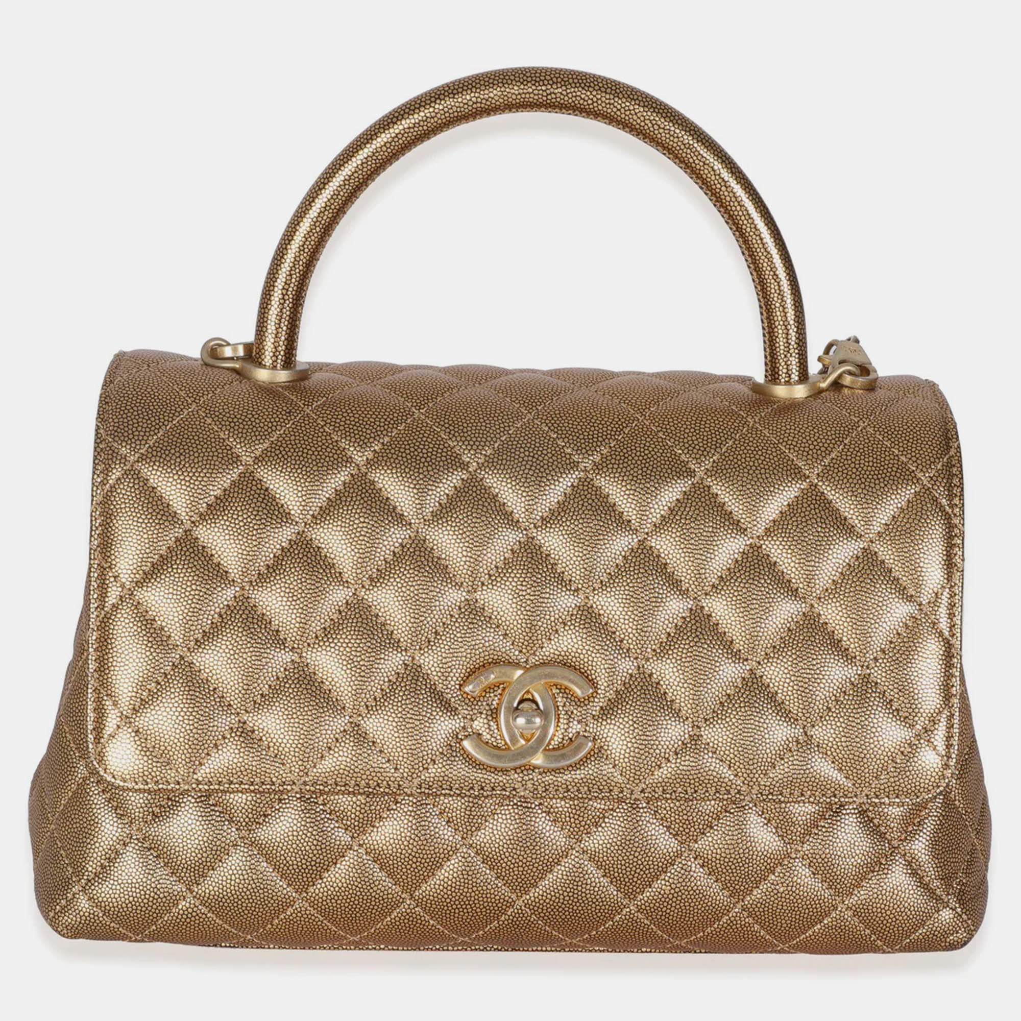 Pre Owned Chanel Bronze Metallic Quilted Caviar Small Coco Handle Flap