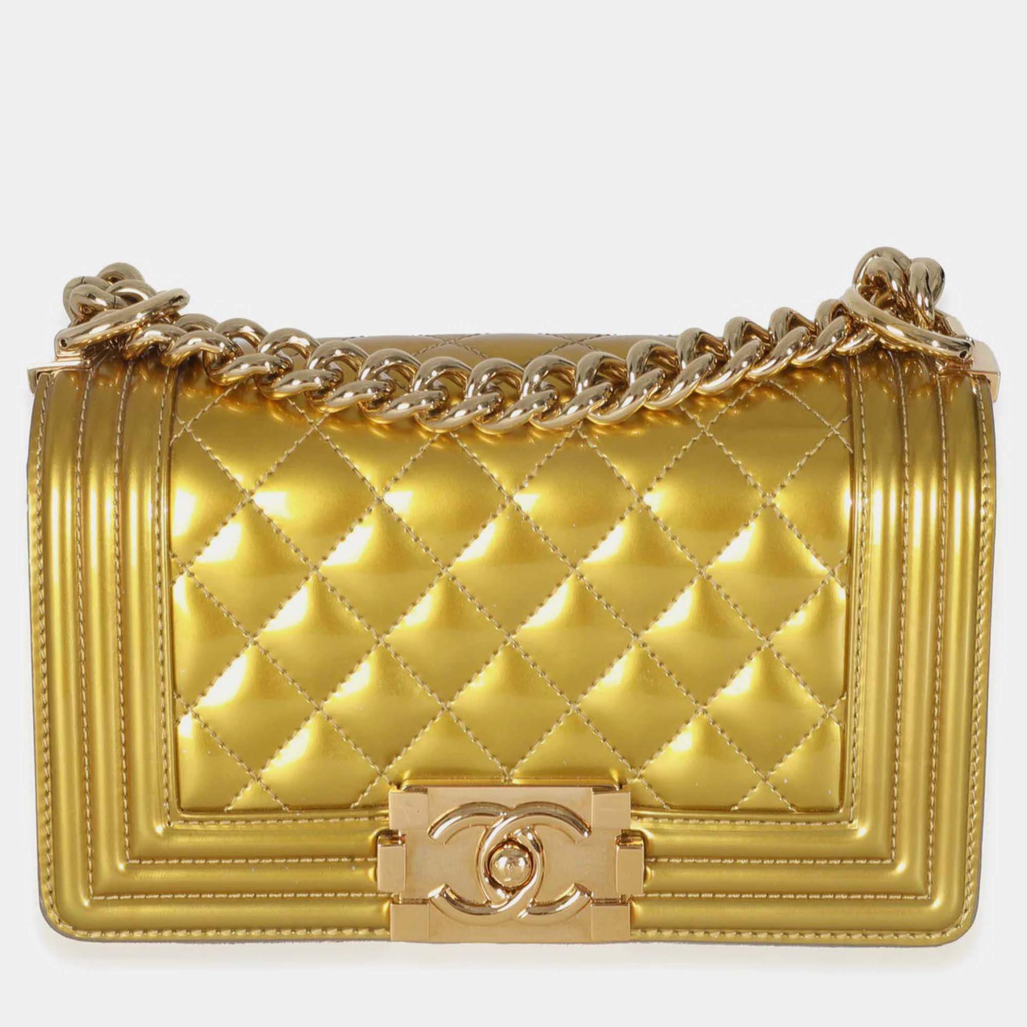 Pre Owned Chanel Gold Metallic Patent Calfskin Quilted Small Boy Bag