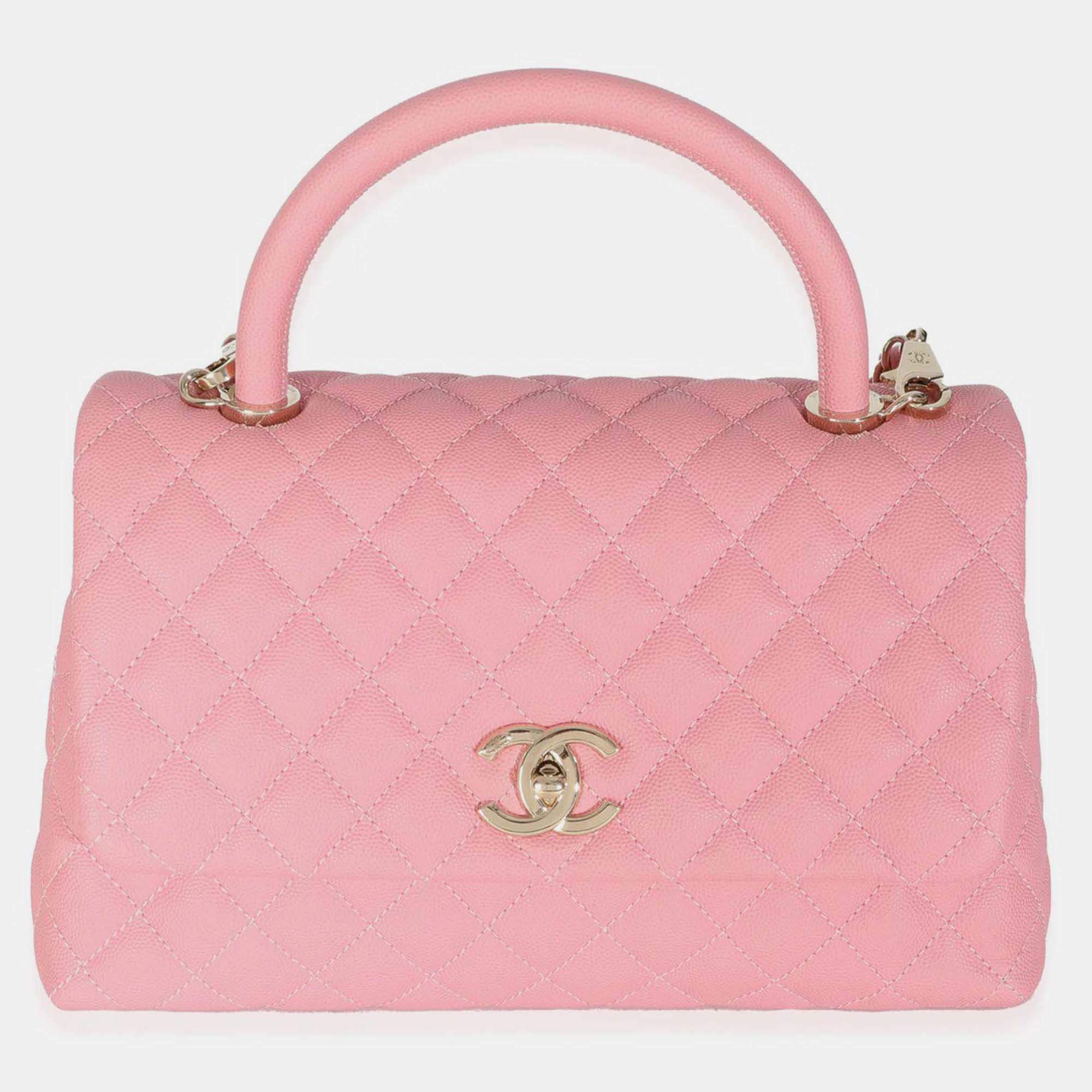 Pre Owned Chanel Pink Quilted Caviar Medium Coco Top Handle Bag