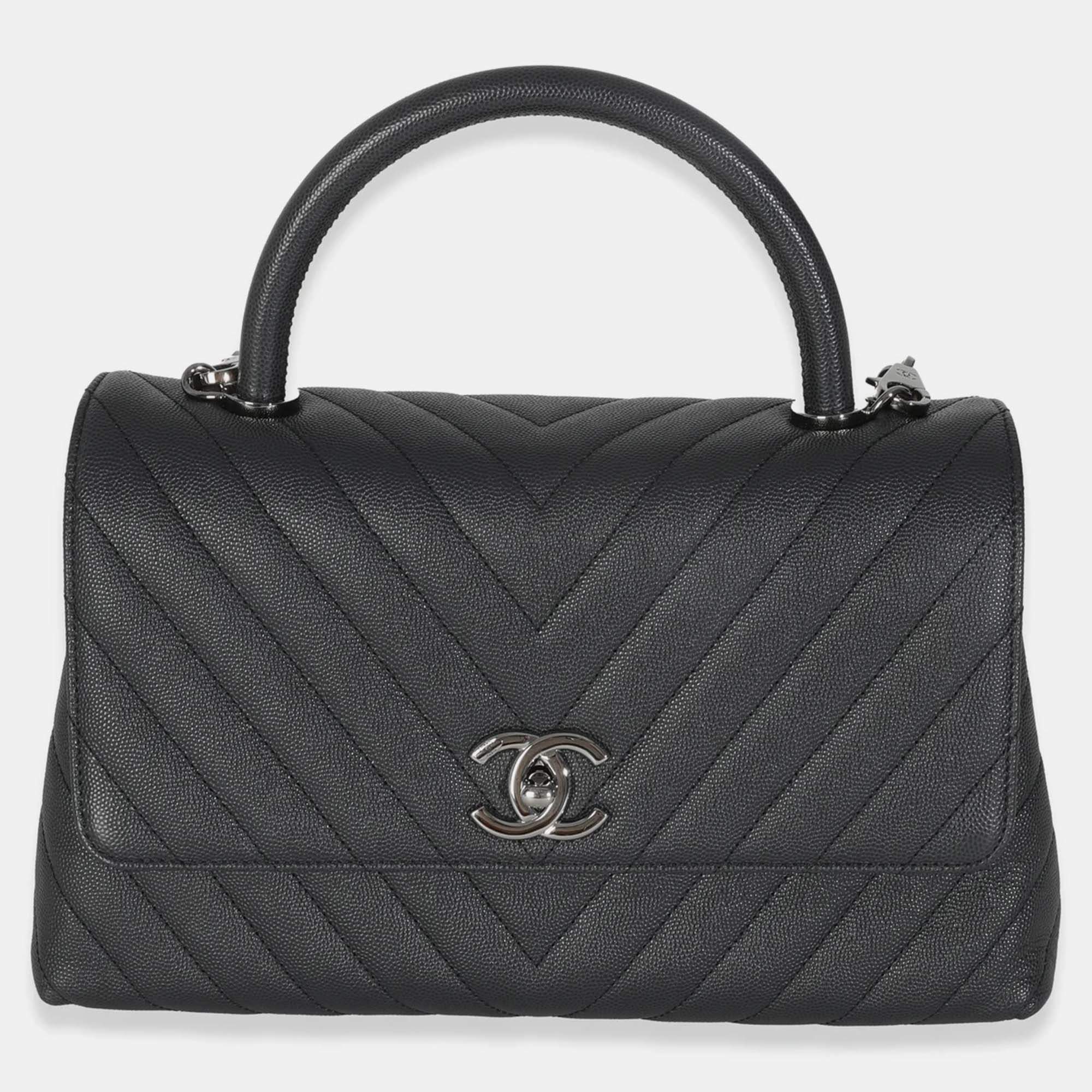 Pre Owned Chanel Grey Caviar Chevron Medium Coco Top Handle Bag