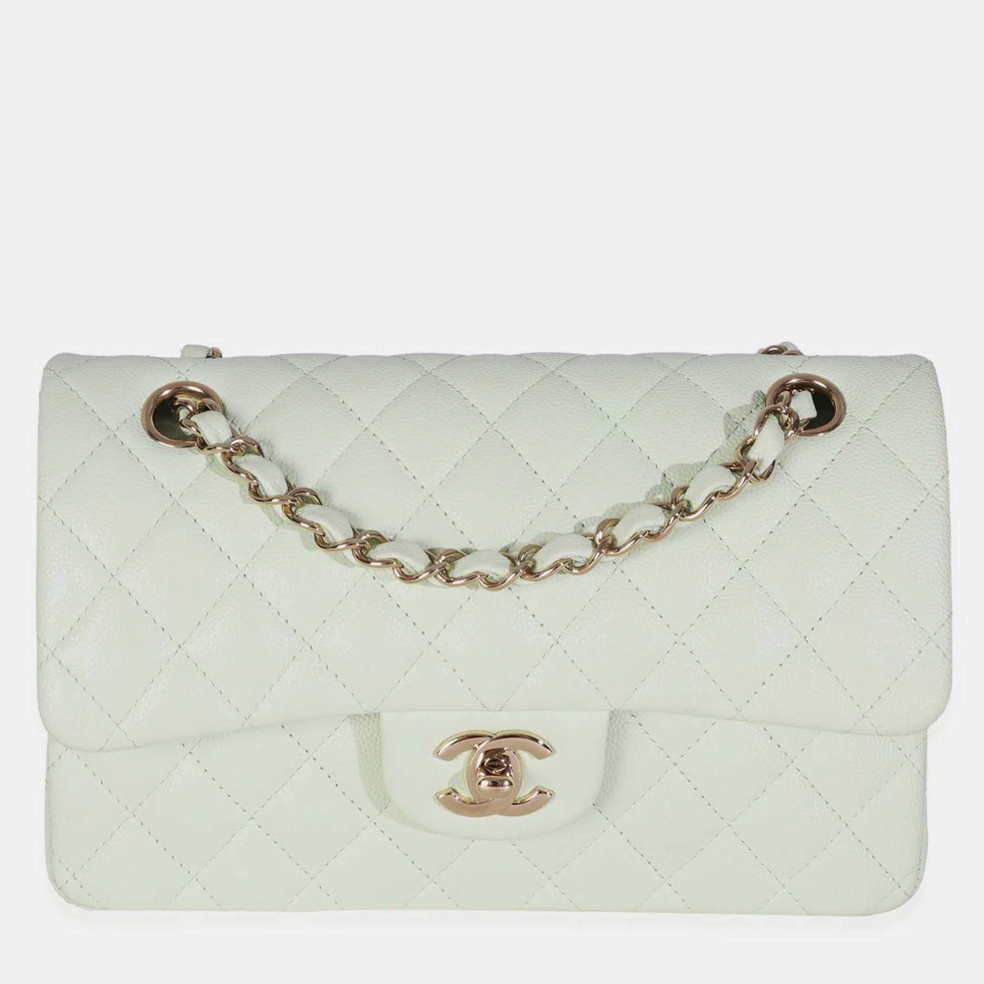 Pre Owned Chanel Light Green Quilted Caviar Small Classic Double Flap Bag