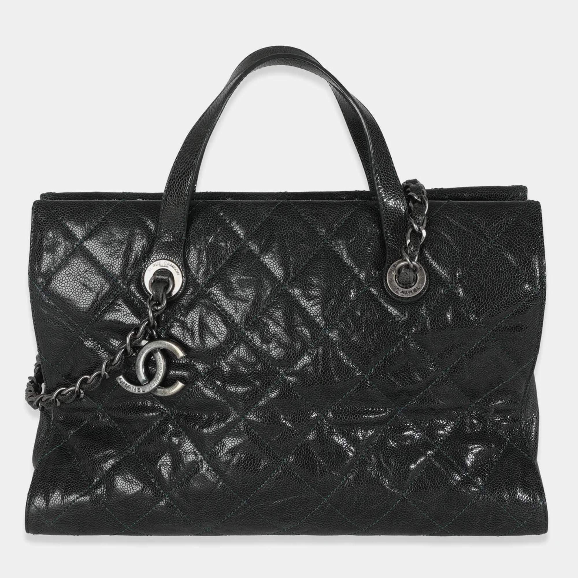 Pre Owned Chanel Black Distressed Quilted Caviar CC Crave Tote