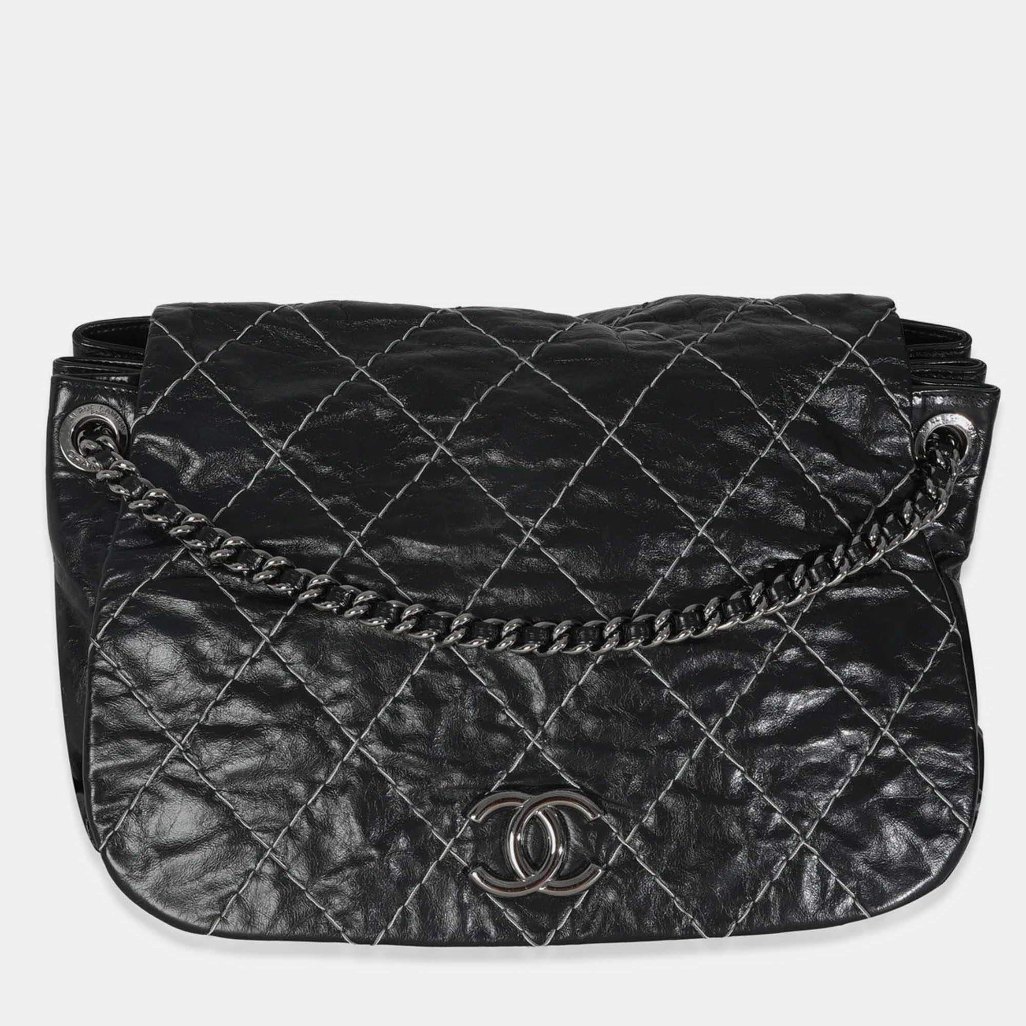 Pre Owned Chanel Black Calfskin Double Stitch Accordion Flap Bag