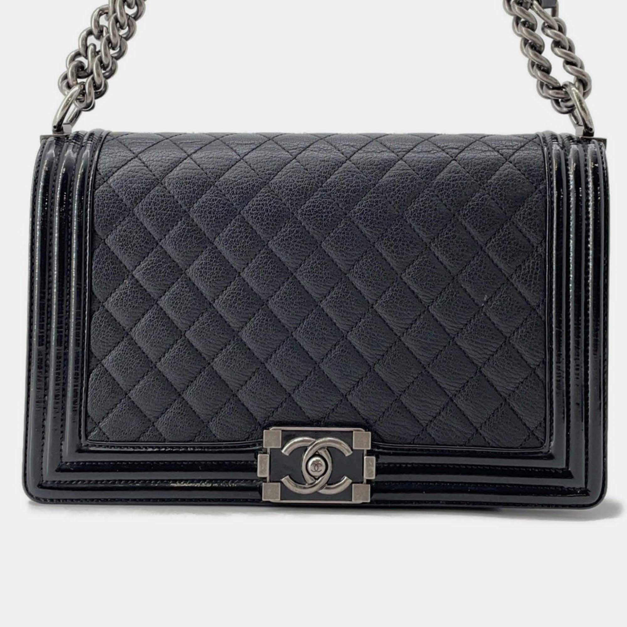 Pre Owned Chanel Boy Large Black Lambskin Matelasse Coco Mark Chain Shoulder Bag