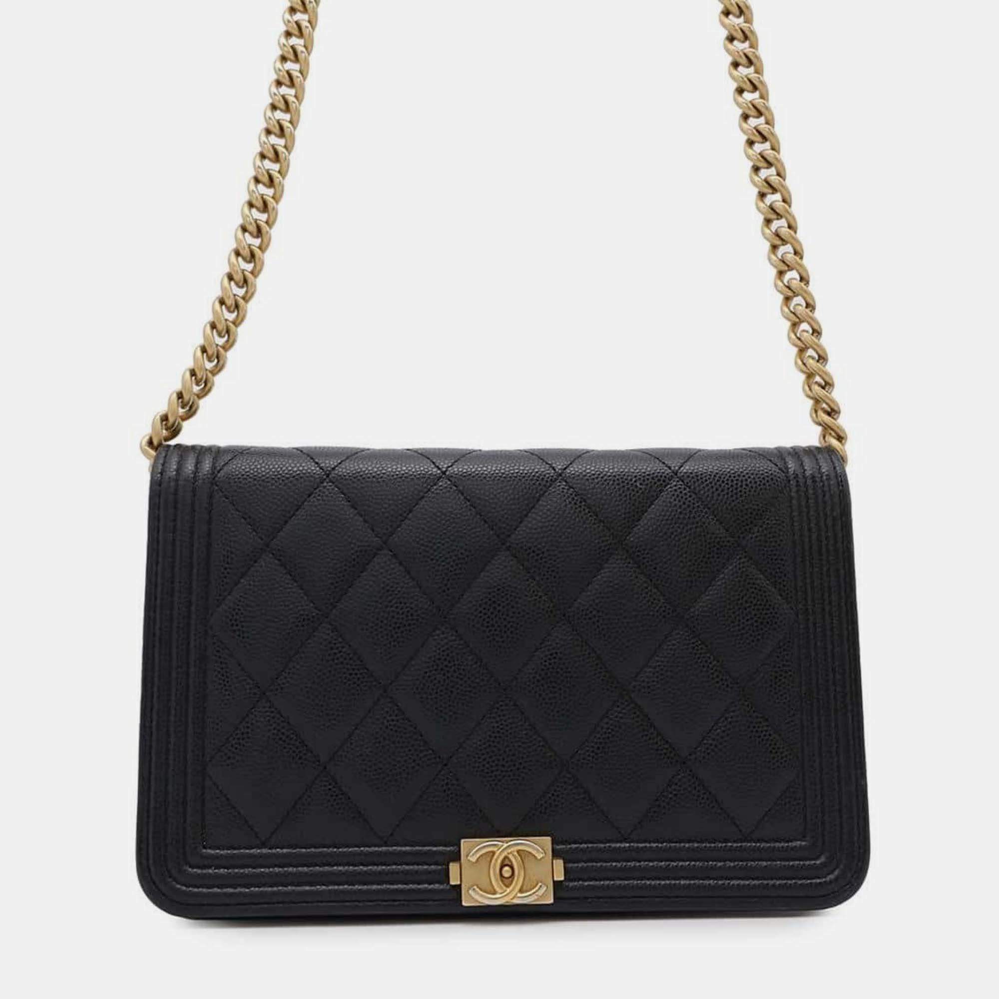 Pre Owned Chanel Boy Matelasse Coco Mark Black Calf Leather Chain Wallet Shoulder Bag