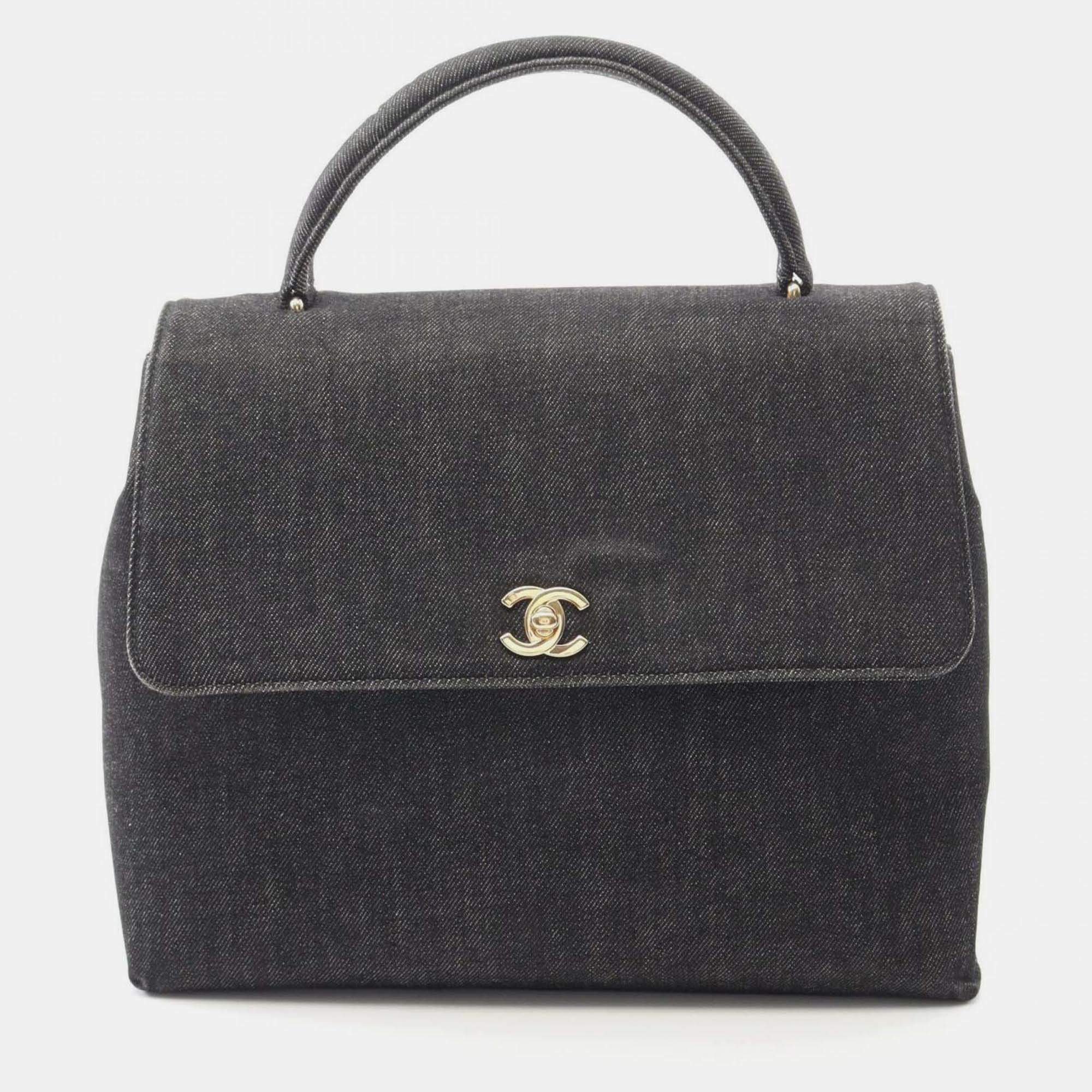Pre Owned Chanel Coco Mark Gray Denim Handbag 
