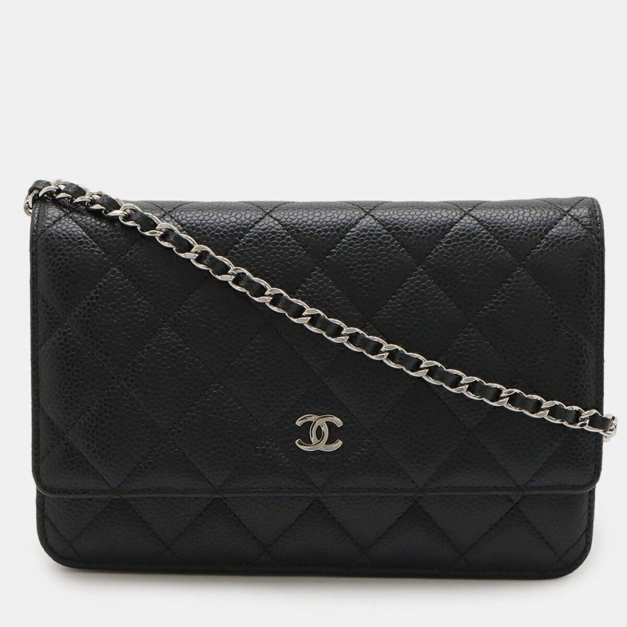 Pre Owned Chanel Matelasse Chain Wallet Shoulder Bag Pochette In Black Caviar Leather
