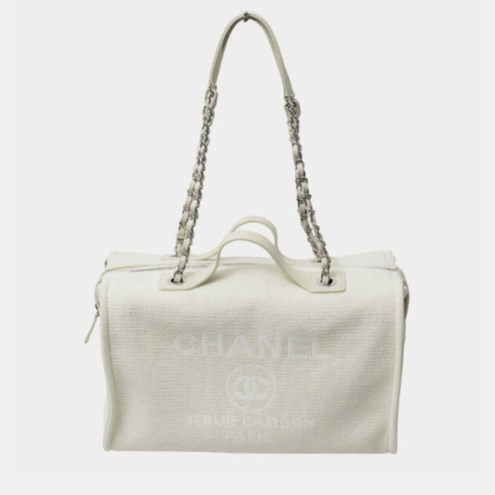Pre Owned Chanel Deauville White Canvas Leather Boston Shoulder Bag 