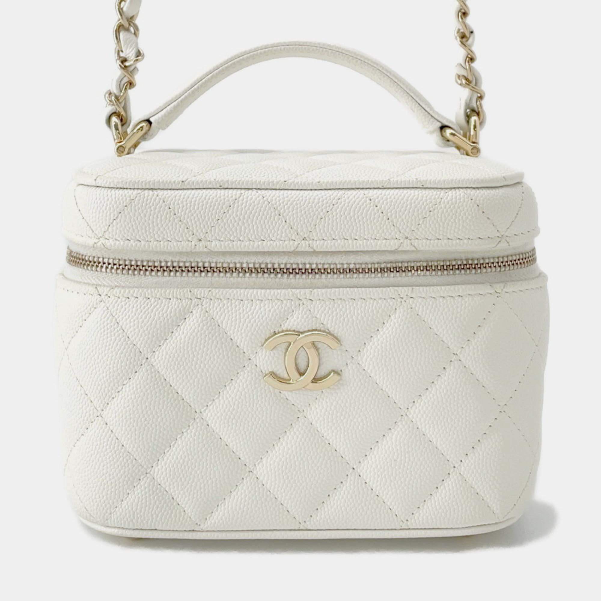 Pre Owned Chanel Chain Shoulder Bag Matelasse Coco Mark Vanity Case Small White