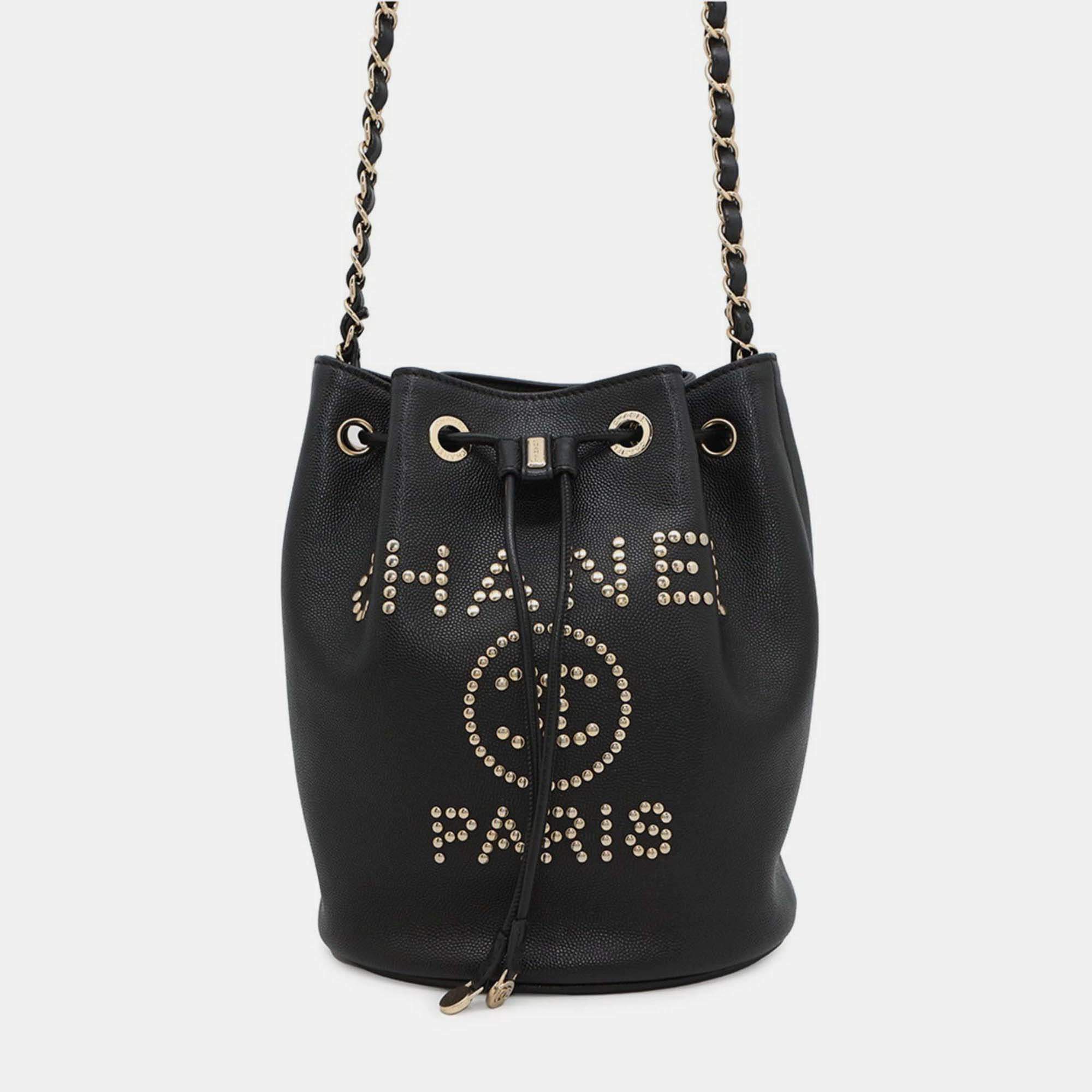 Pre Owned Chanel Chain Shoulder Bag Deauville Line Coco Mark Calf Leather Black