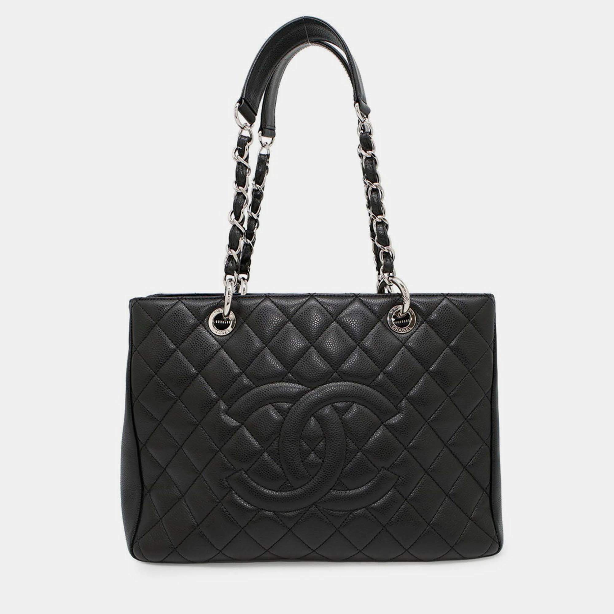 Pre Owned Chanel Chain Tote Bag With Coco Mark And Caviar Leather Matelasse Gst Shoulder Black