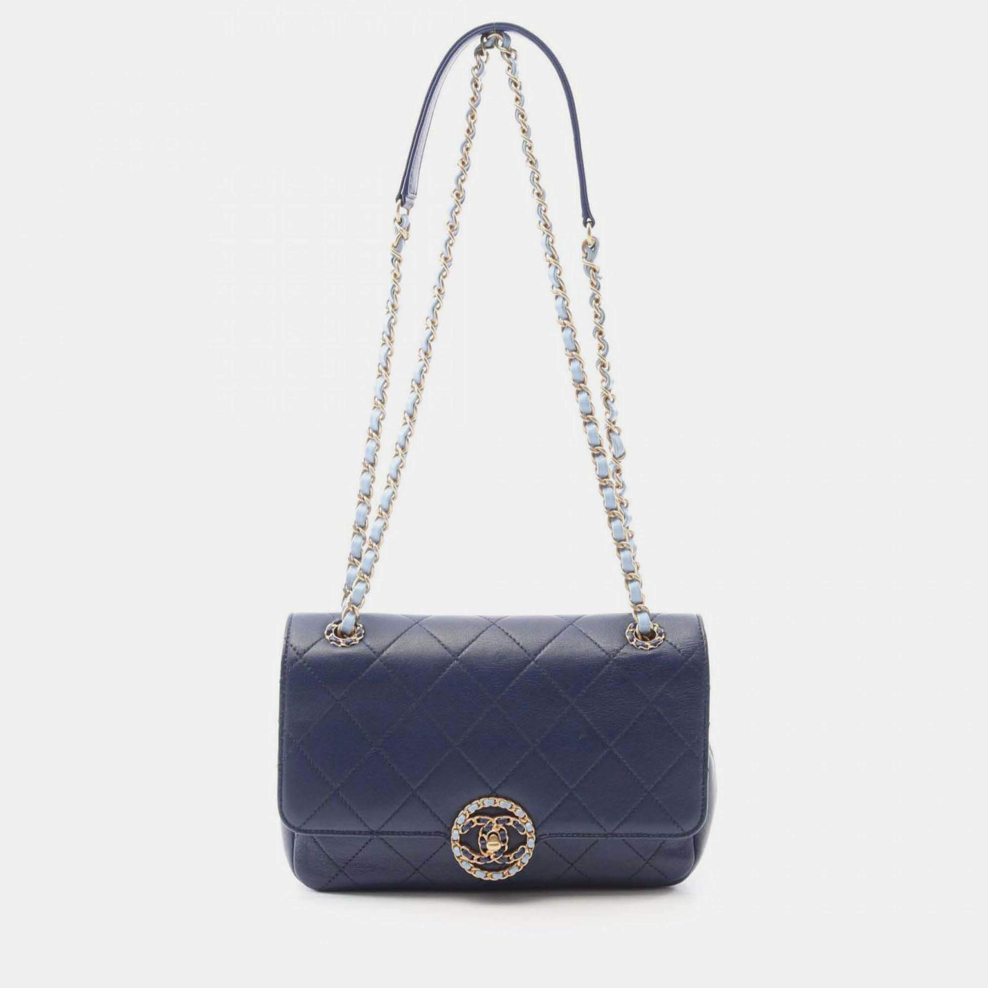 Pre Owned Chanel Chanel19 Matelasse Shoulder Bag Lambskin Leather Blue