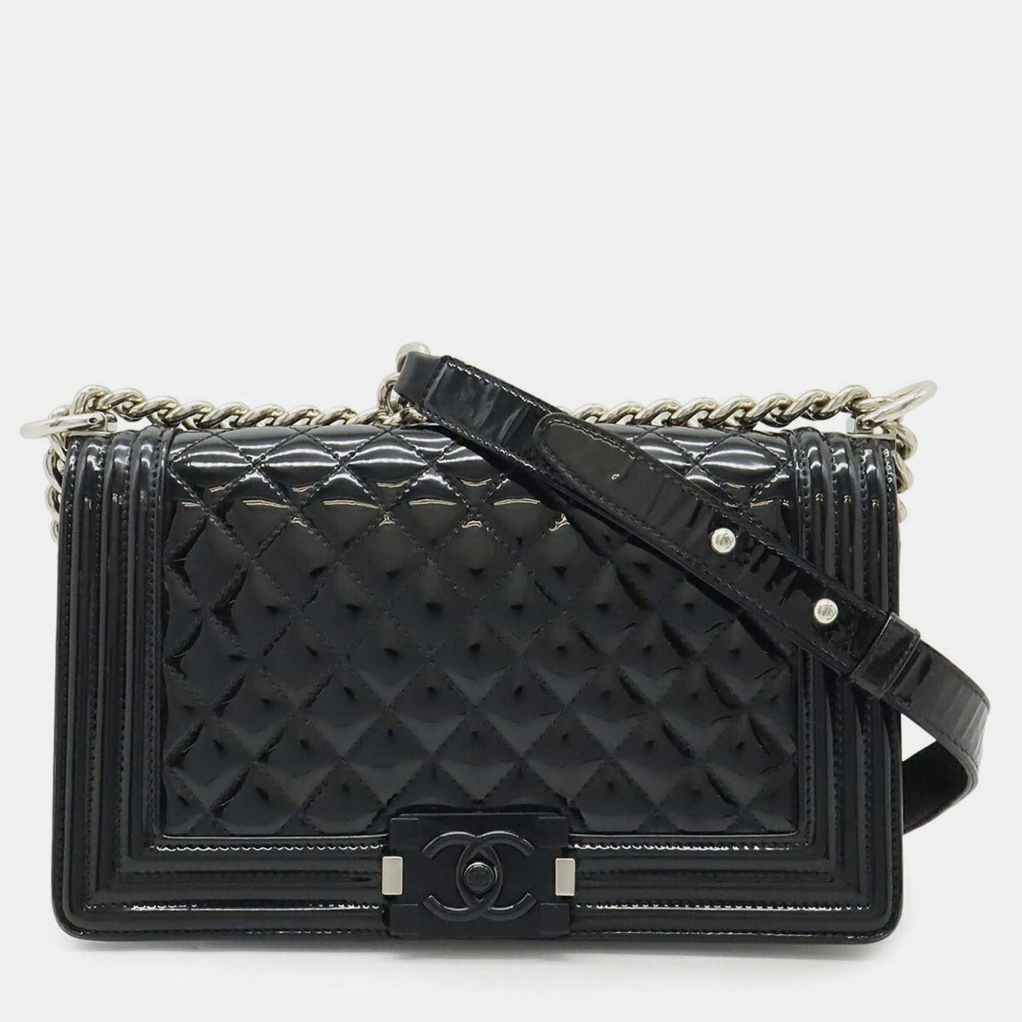Pre Owned Chanel Boy Chanel Matelasse Coco Mark Chain Shoulder Bag In Black Enamel Leather 
