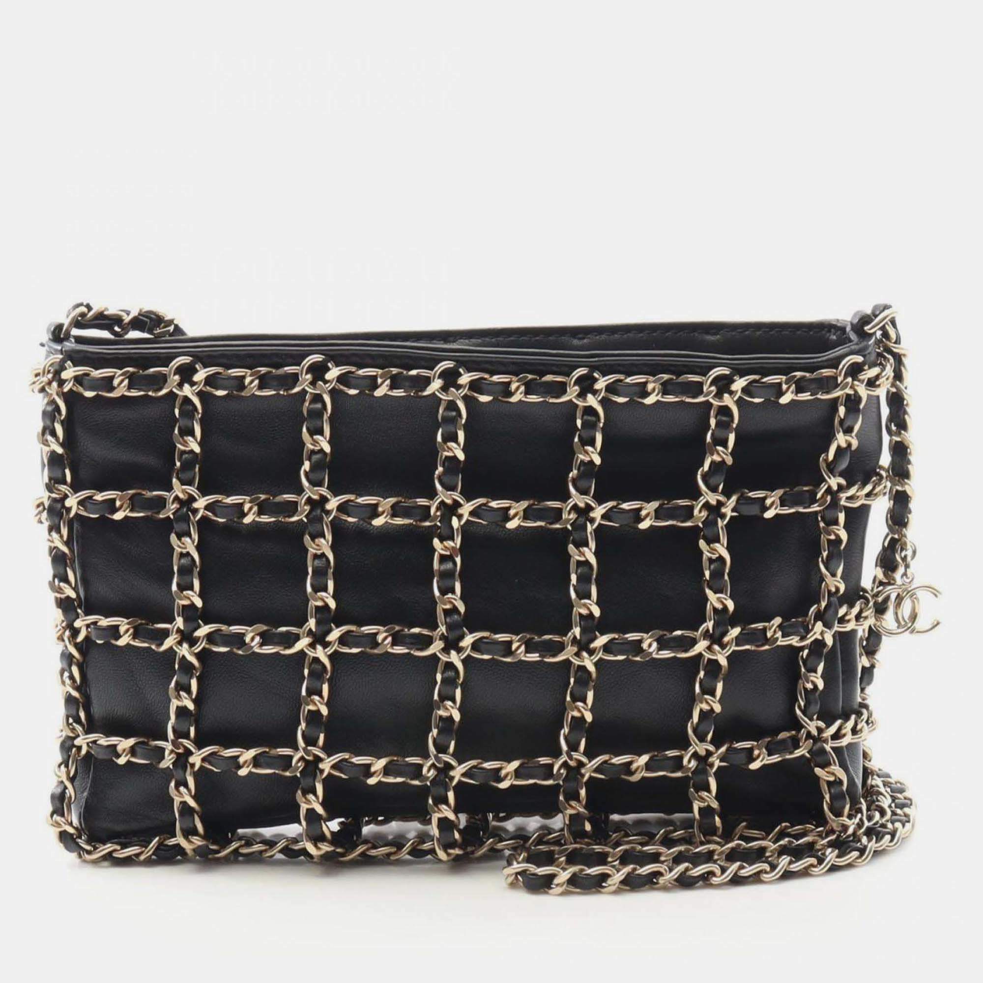 Pre Owned Chanel Shoulder Bag Lambskin Leather Black