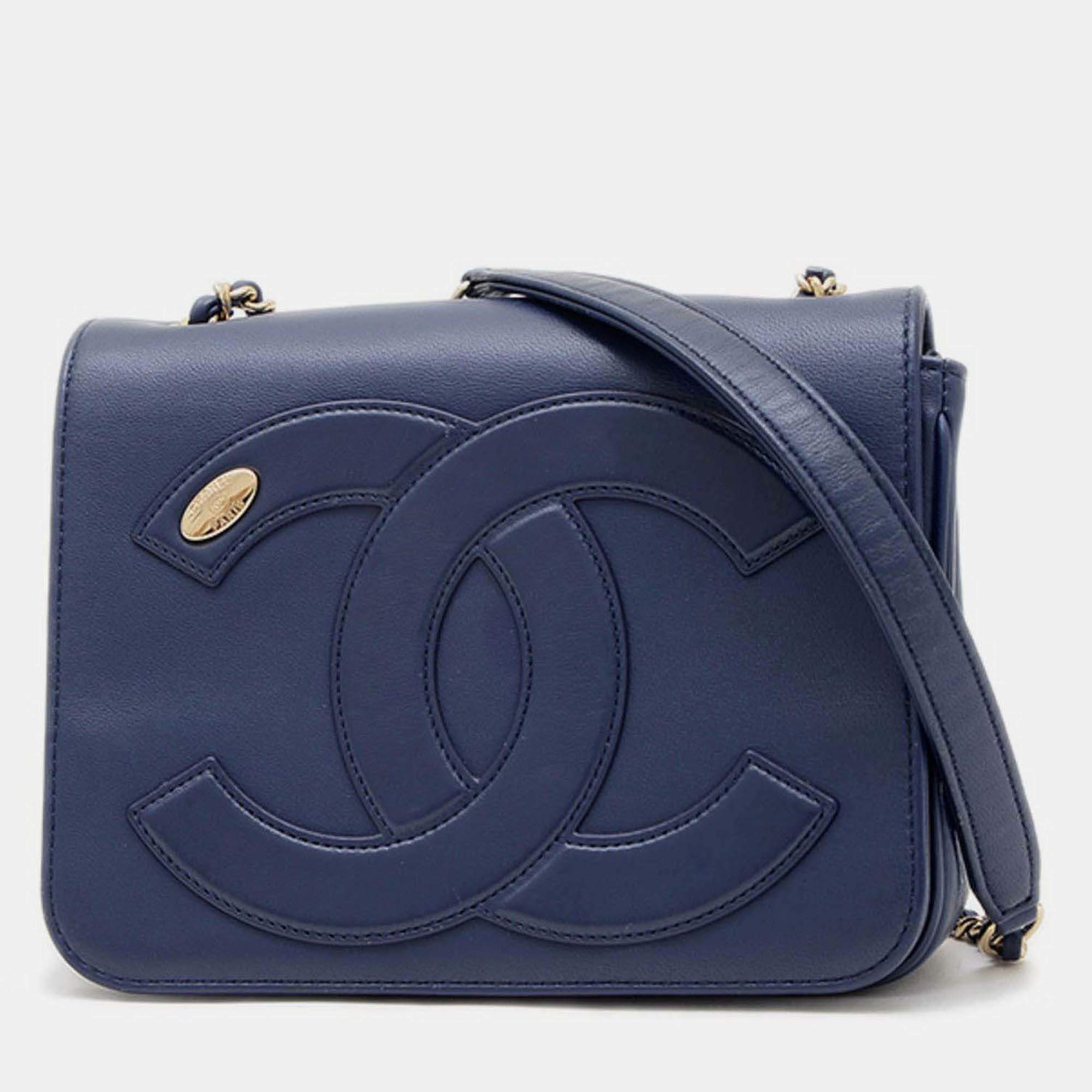 Pre Owned Chanel Coco Mark Mini Chain Shoulder Bag In Blue Calfskin
