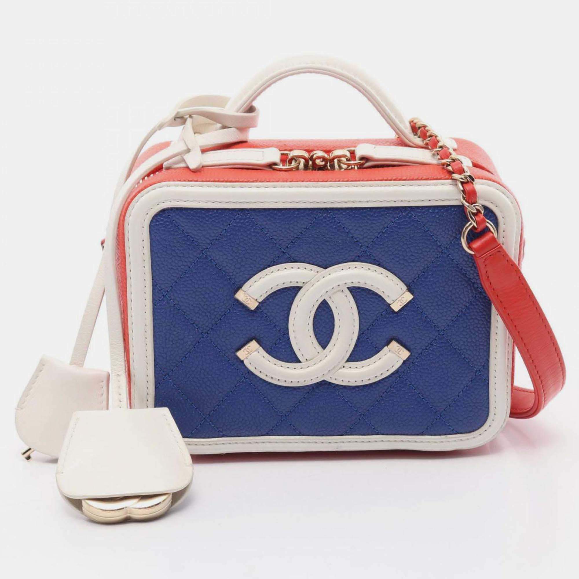 Pre Owned Chanel Cc Filigree Small Vanity Bag Shoulder Grained Calfskin Leather Blue Red White