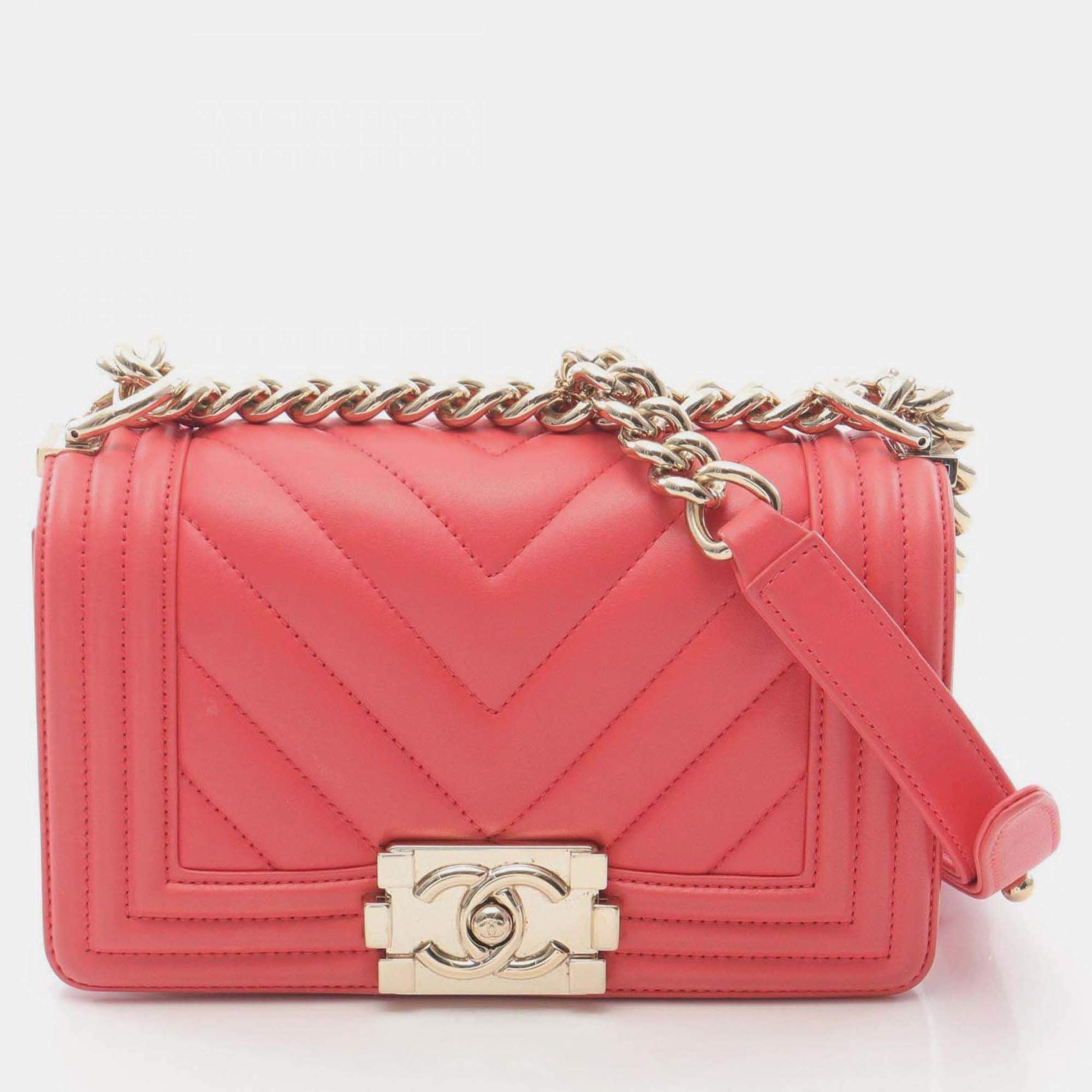 Pre Owned Chanel Boy Chanel Small Chevron V-Stitch Shoulder Bag In Lambskin Leather Pink