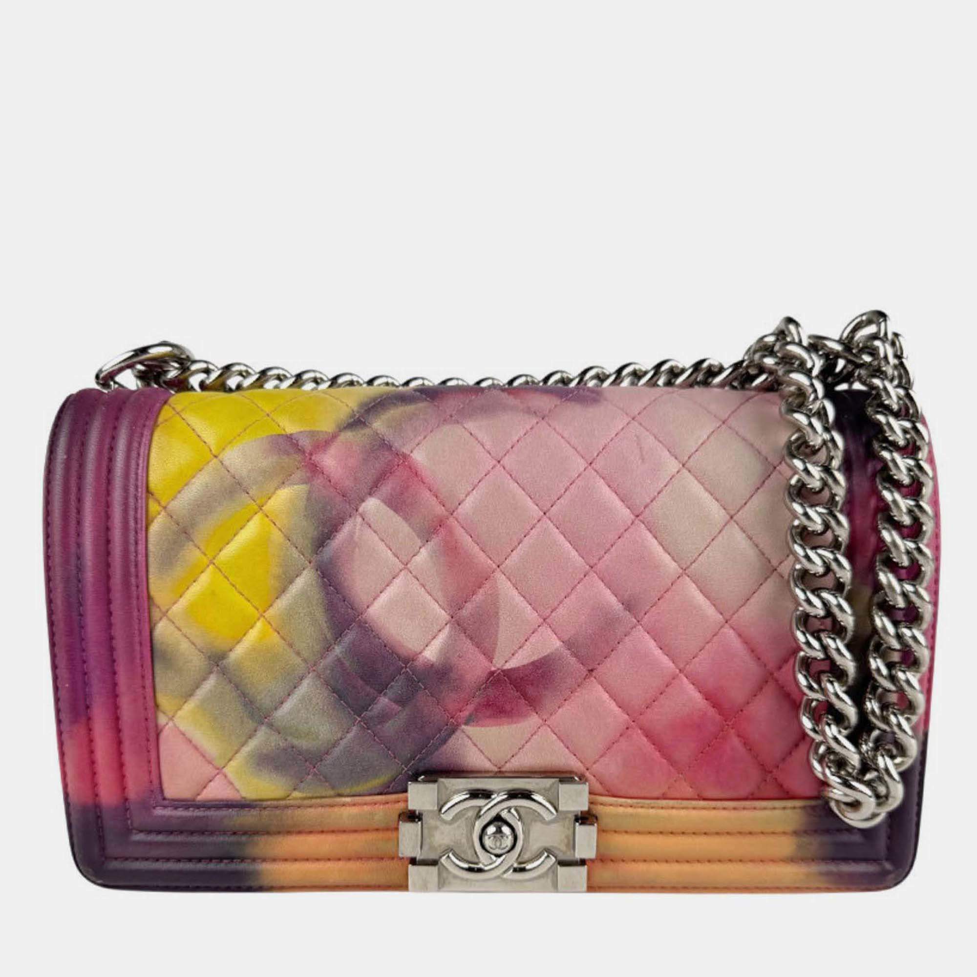 Pre Owned Chanel Boy Chanel Shoulder Bag Leather Metal Multicolor Silver