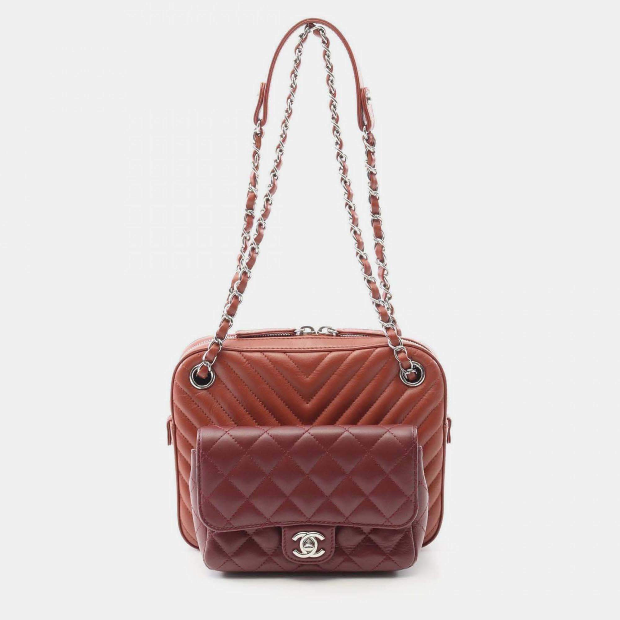 Pre Owned Chanel V-Stitch Chevron Shoulder Bag In Lambskin Leather Brown And Burgundy