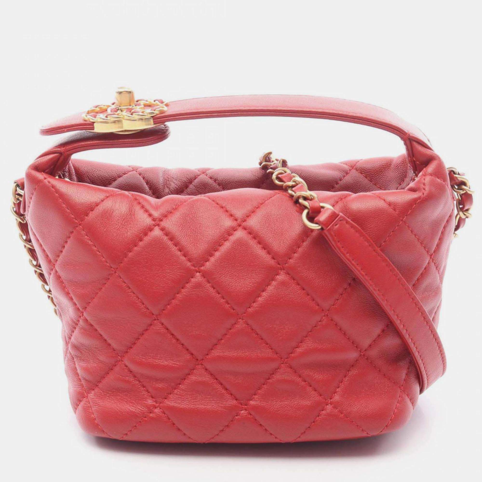 Pre Owned Chanel 19 Disneuf Matelasse Small Hobo Bag Shoulder In Lambskin Leather Red