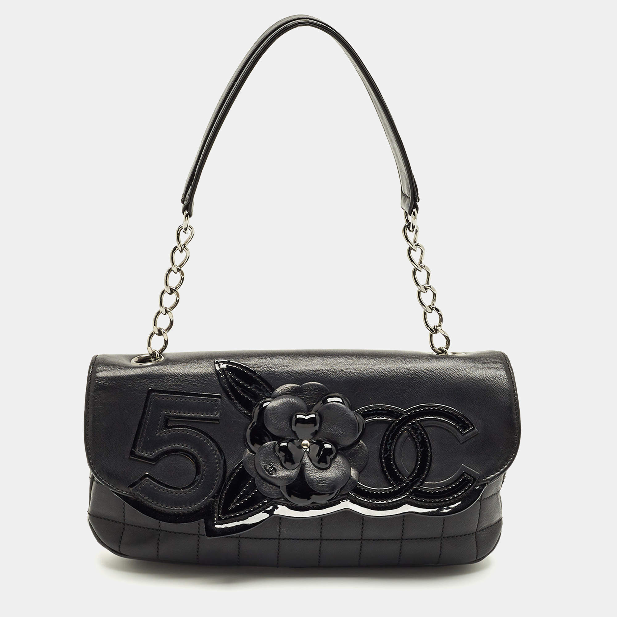 Pre Owned Chanel Black Quilted Leather No.5 Camellia Flap Bag