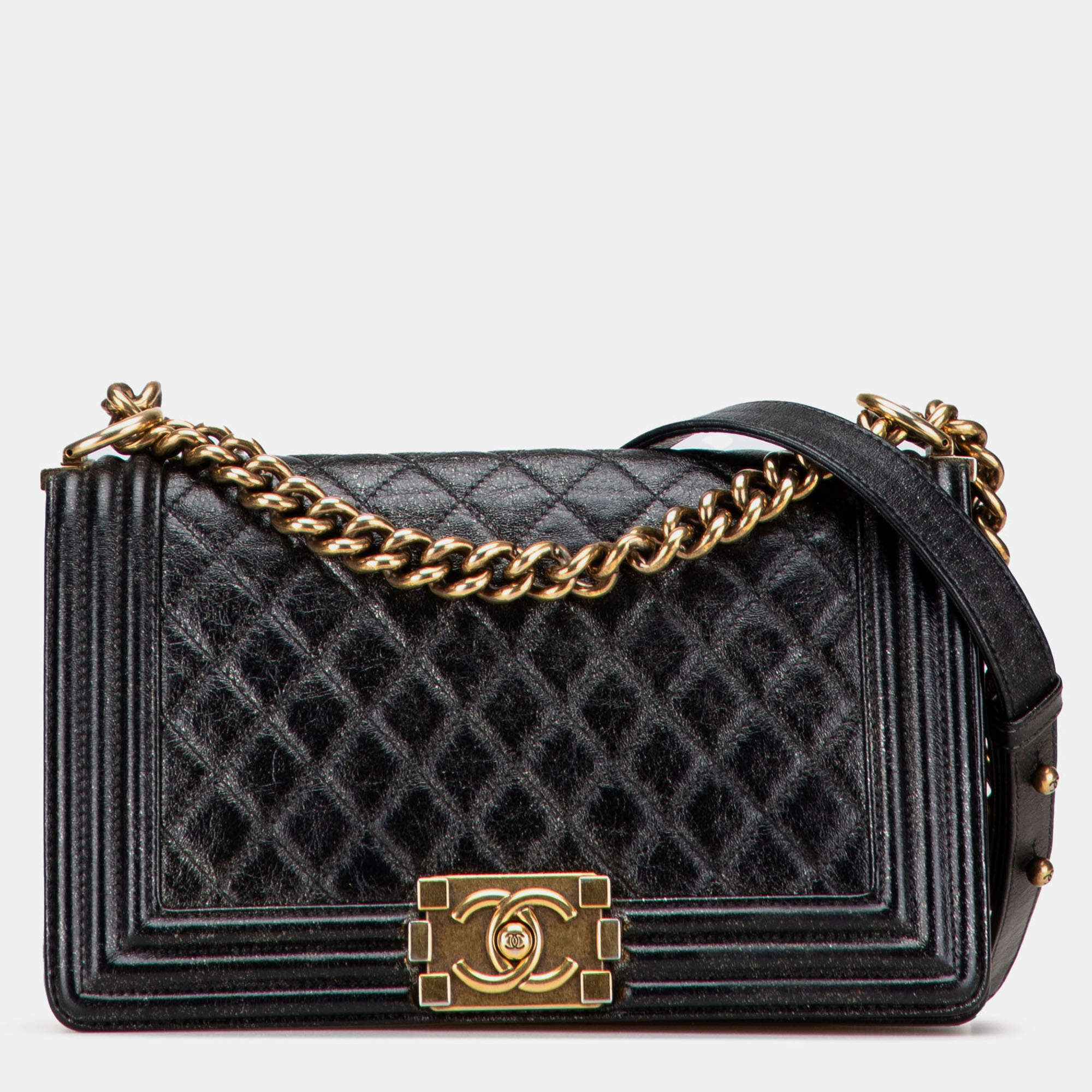 Pre Owned Chanel Black Old Medium Cracked Metallic Calfskin Boy Flap