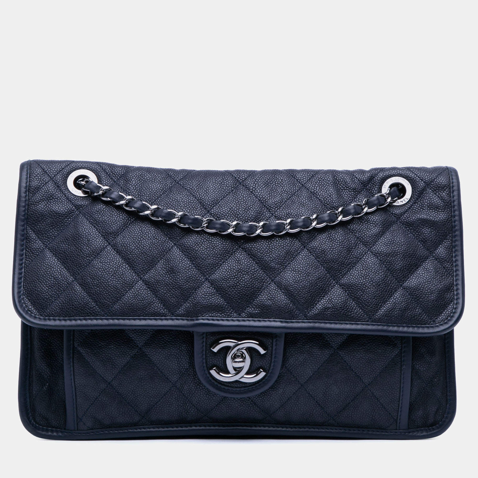Pre Owned Chanel Navy Blue Medium Caviar French Riviera Flap
