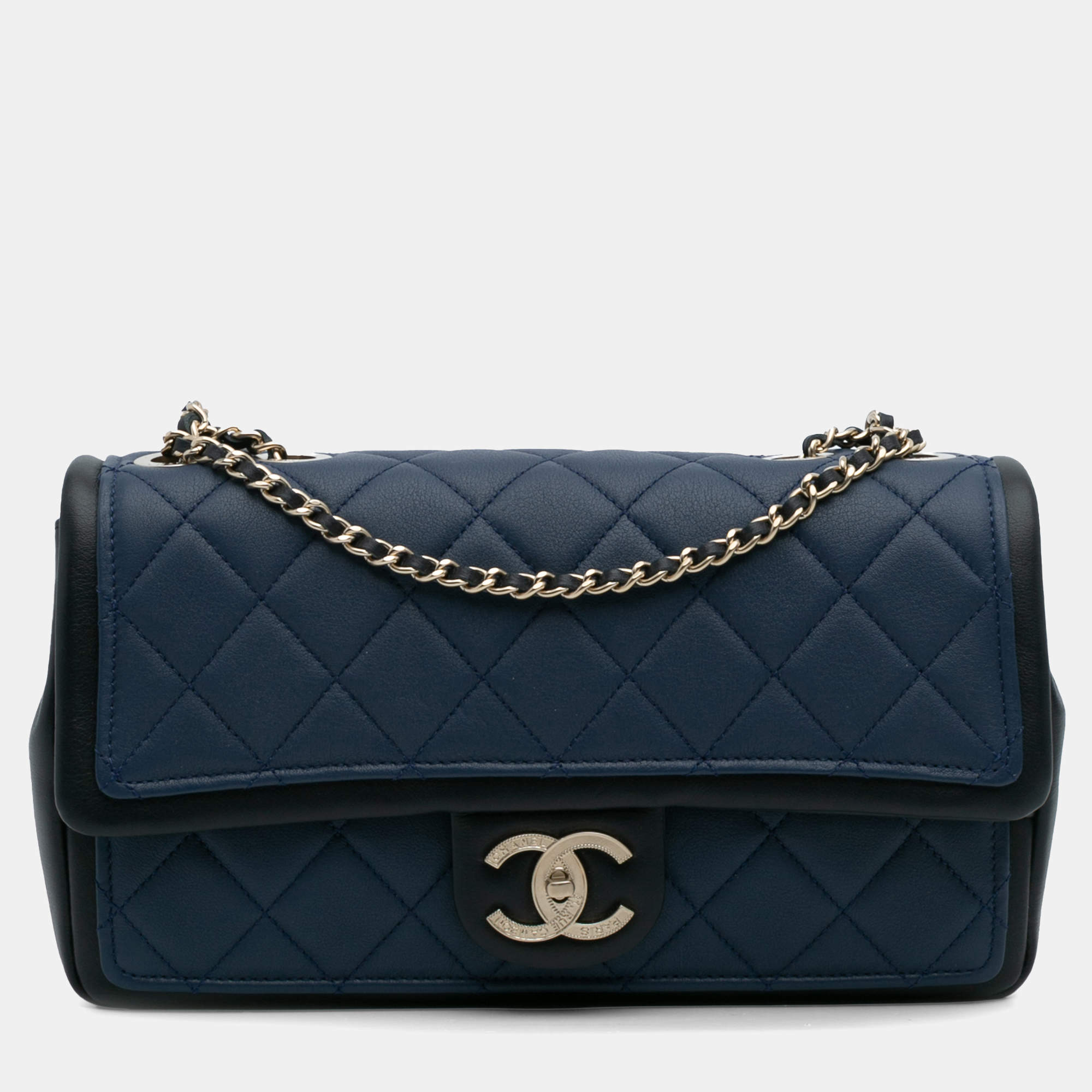 Pre Owned Chanel Blue Medium Bicolor Calfskin Graphic Flap