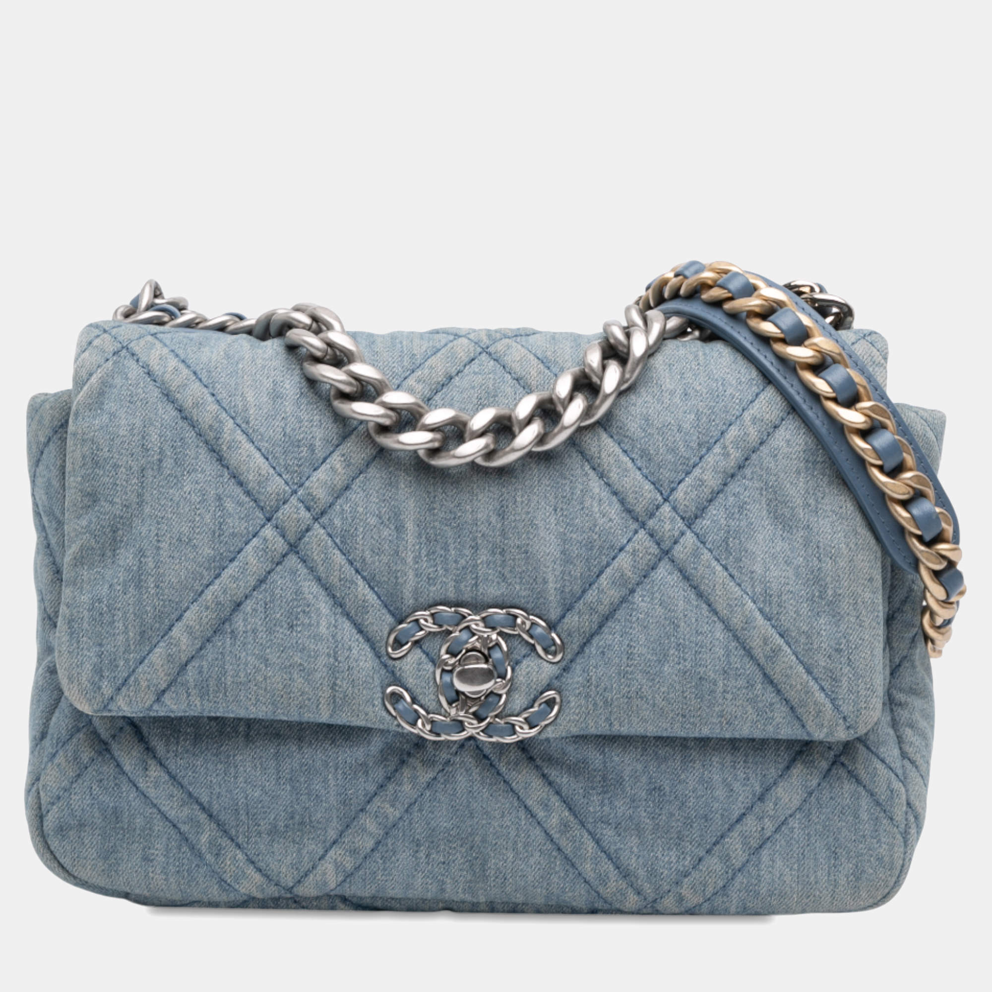 Pre Owned Chanel Blue Medium Double Stitched Denim 19 Flap