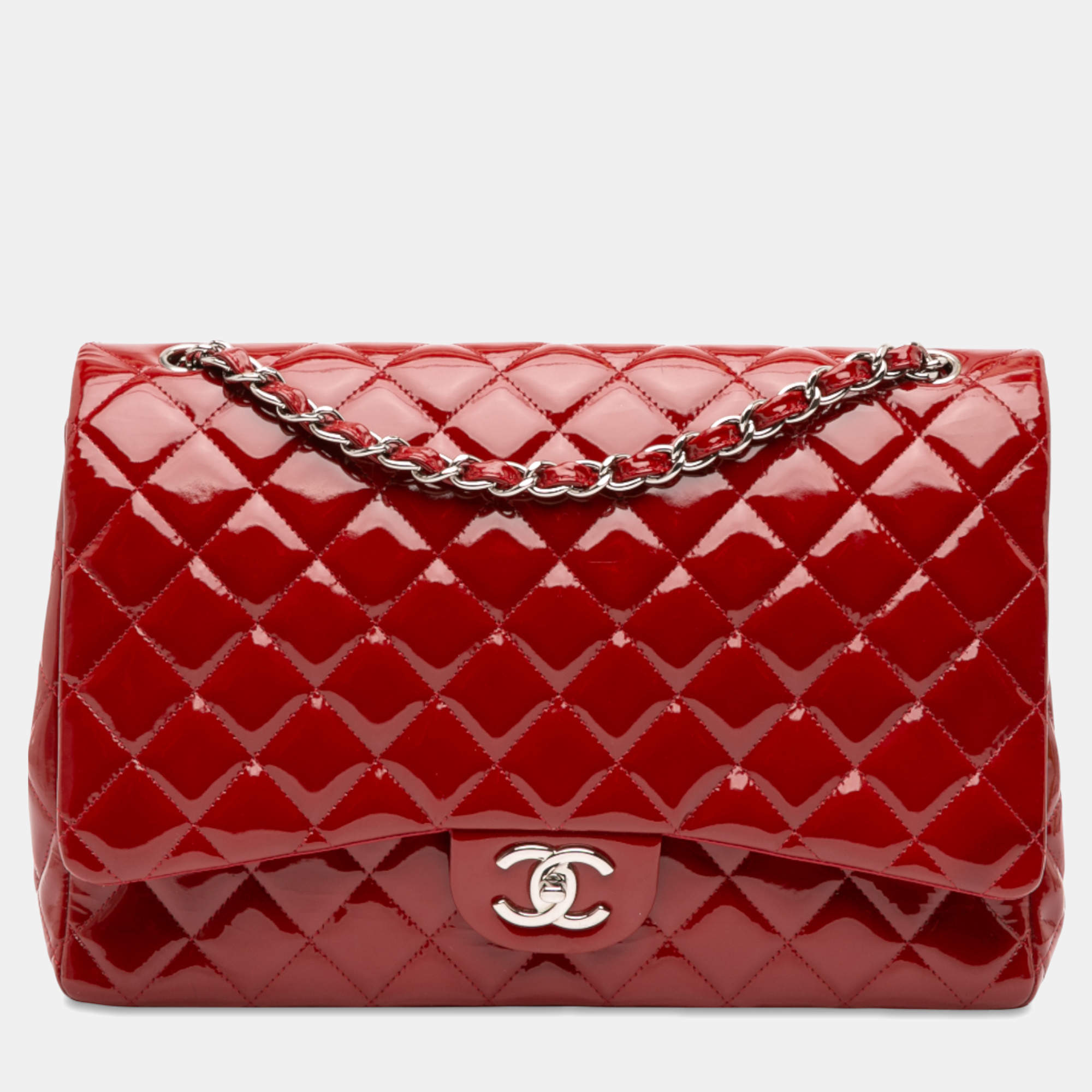 Pre Owned Chanel Red Maxi Classic Patent Double Flap