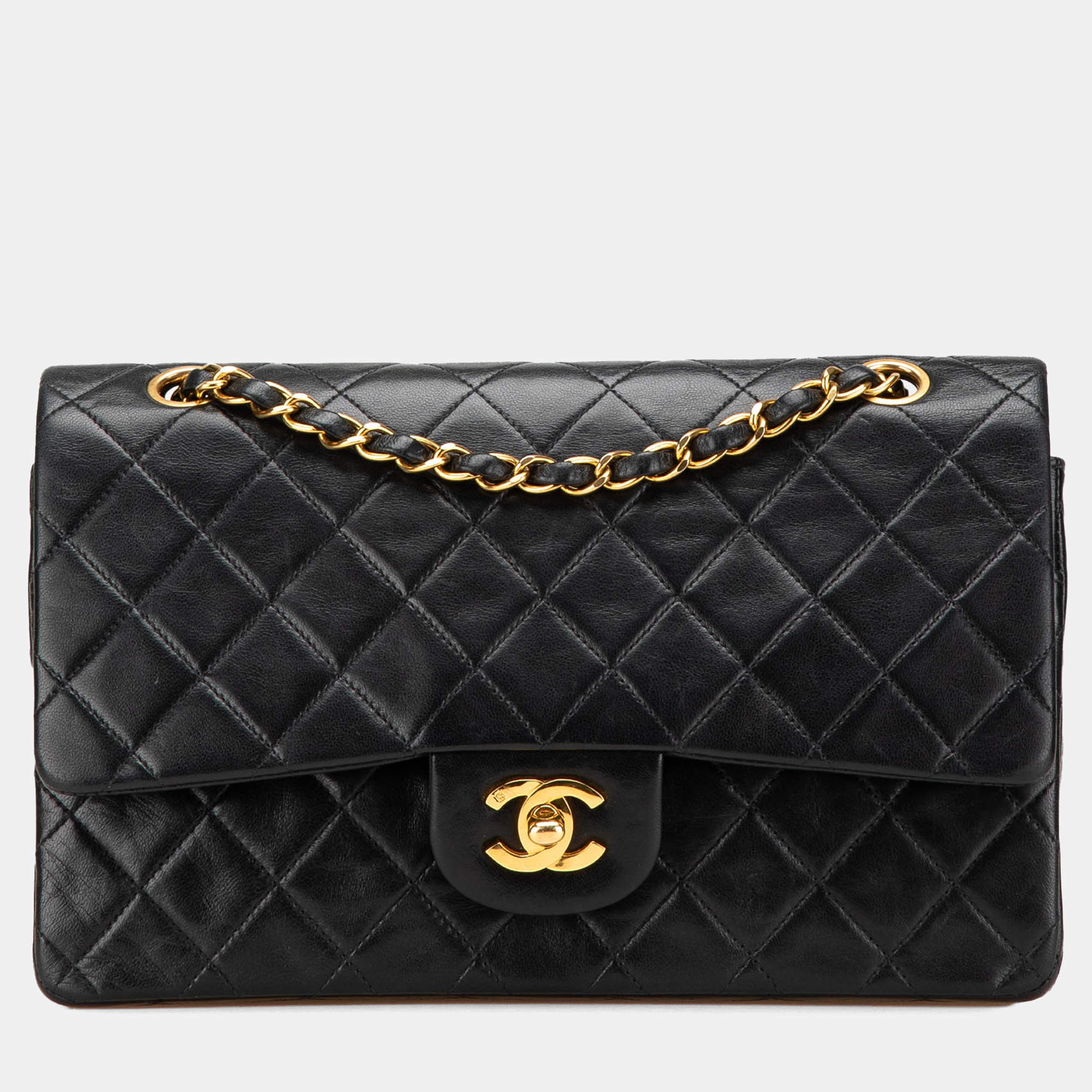 Pre Owned Chanel Black Medium Classic Lambskin Double Flap