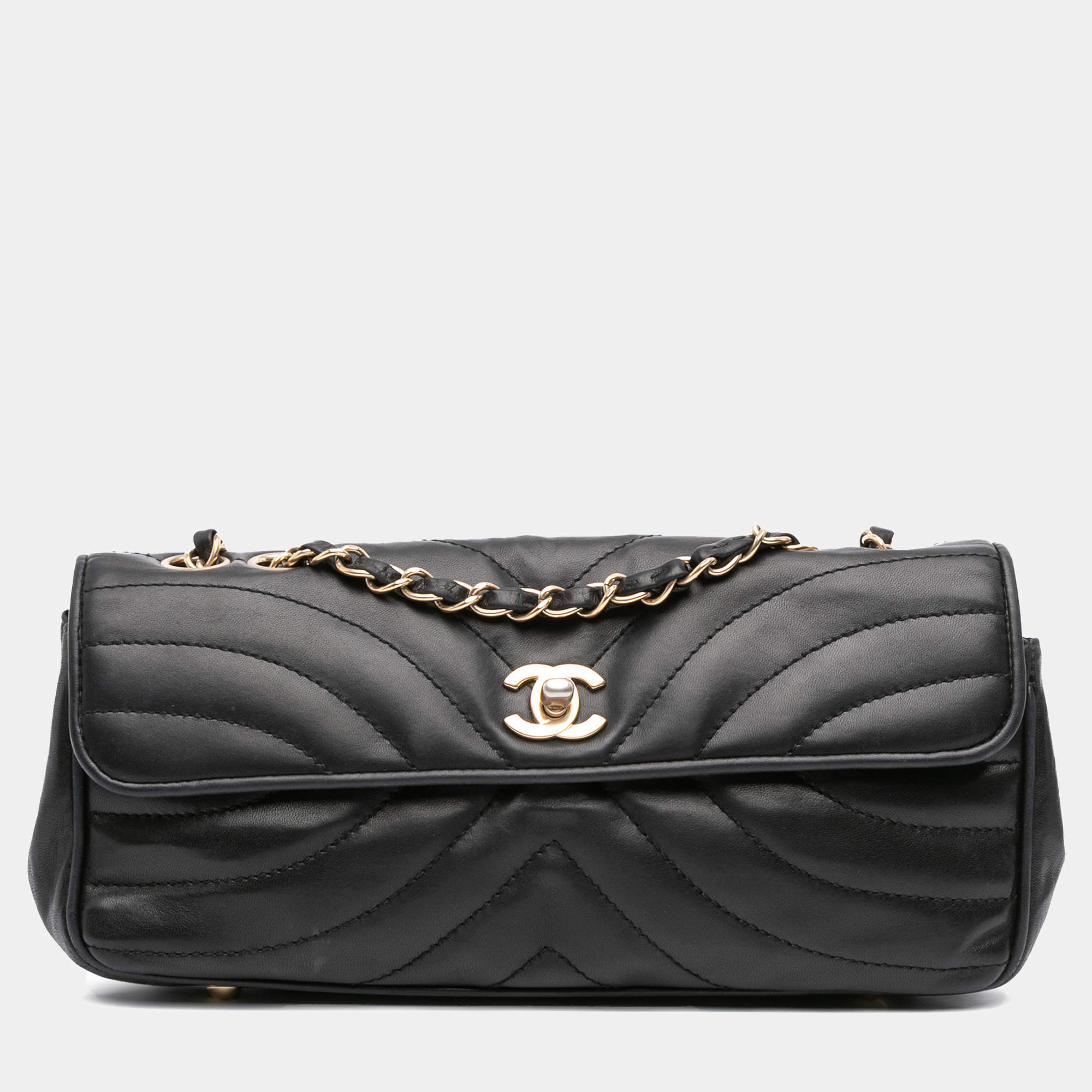 Pre Owned Chanel Black CC Quilted Lambskin East West Straight Flap