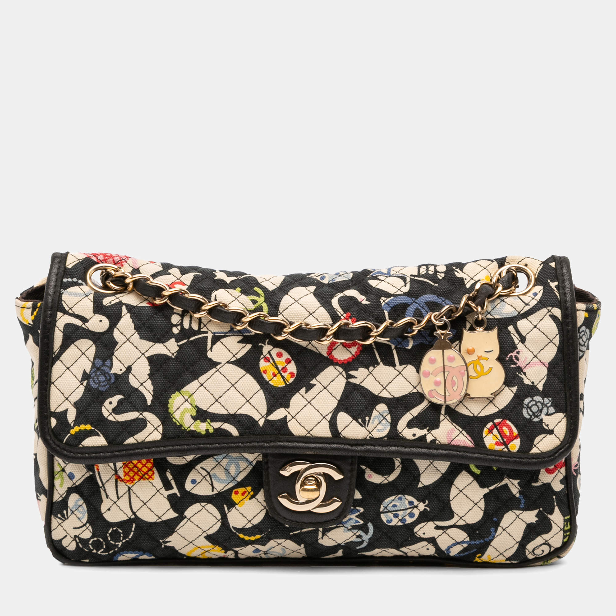 Pre Owned Chanel Black Medium Printed Canvas Animals Single Flap