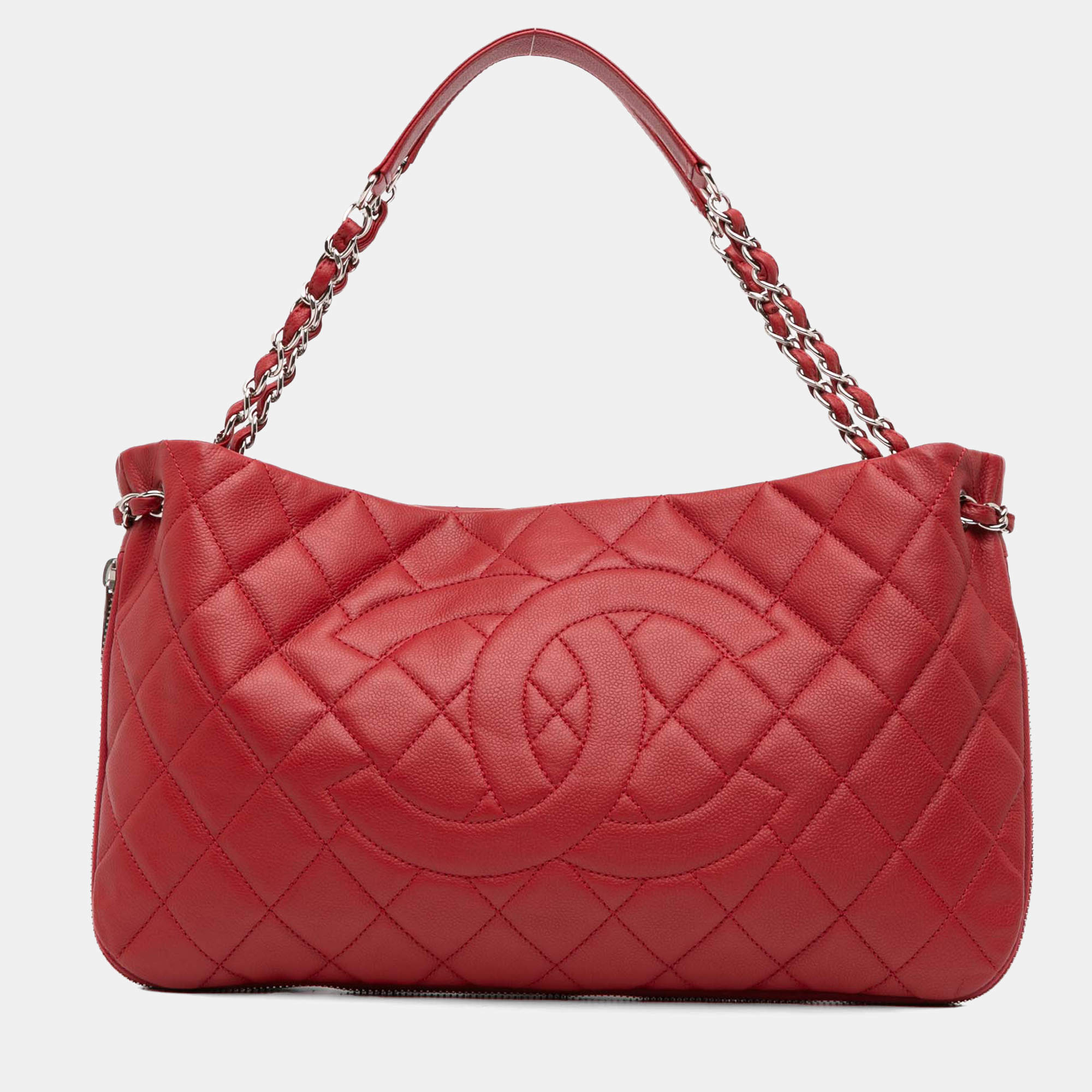 Pre Owned Chanel Red Quilted Caviar Expandable Zip Tote
