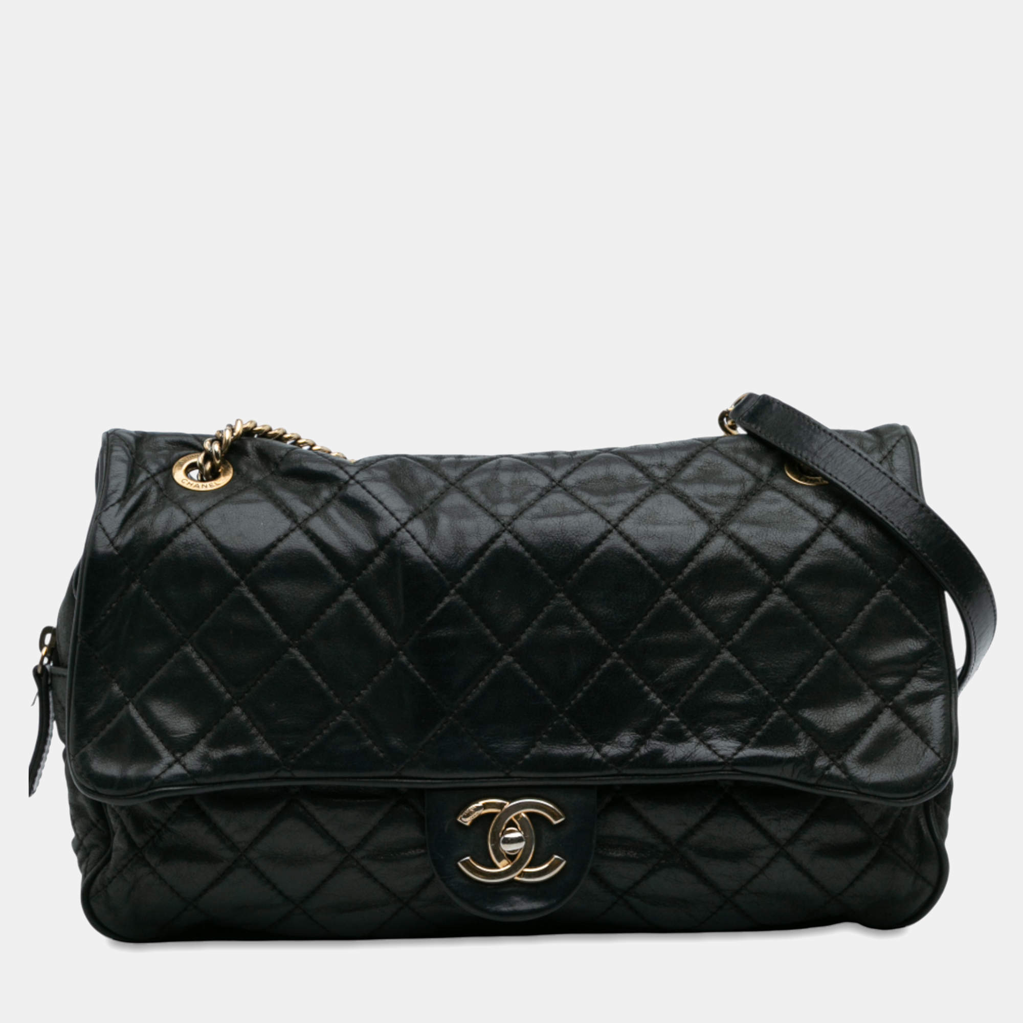Pre Owned Chanel Black Large Quilted Iridescent Calfskin Shiva Flap