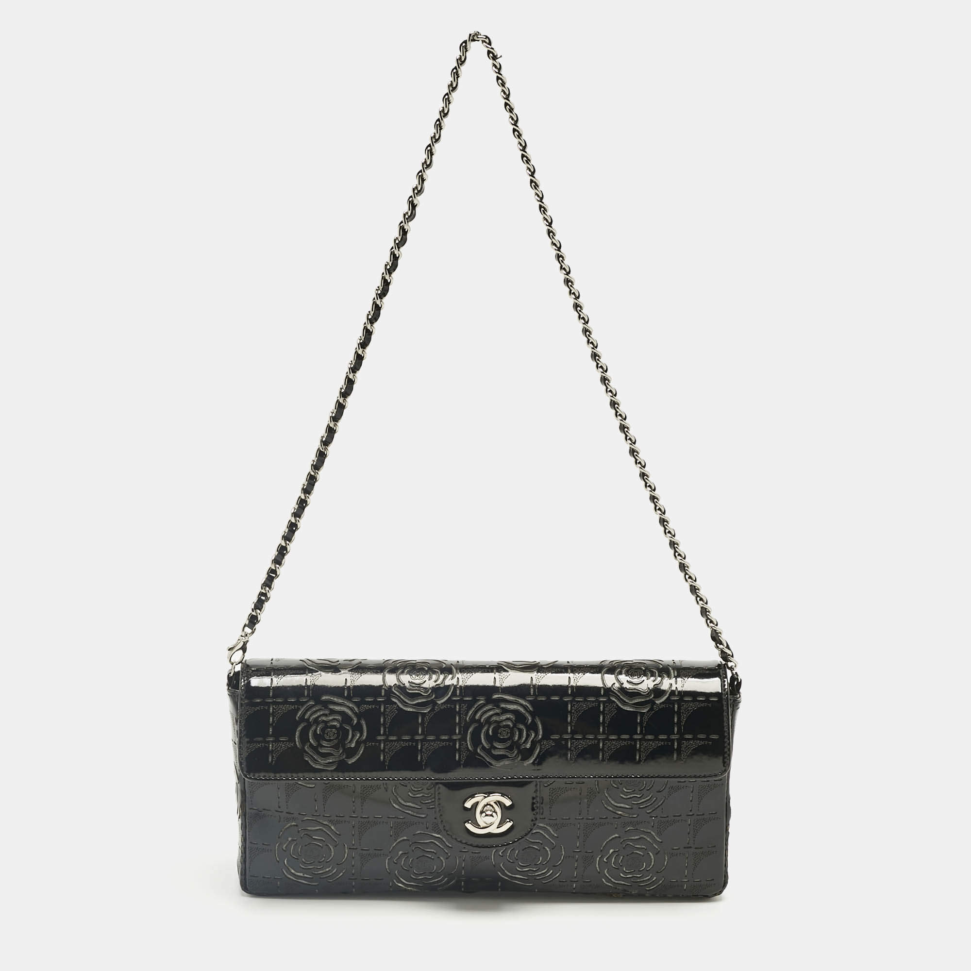 Pre Owned Chanel Black Patent Leather  Laser Cut Camellia East West Flap Bag