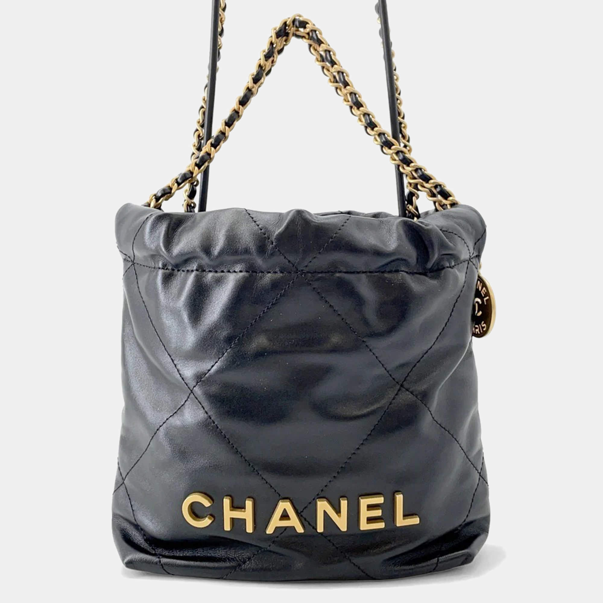 Pre Owned Chanel Chanel 22 Handbag Black Shiny Calf Leather Size Mini