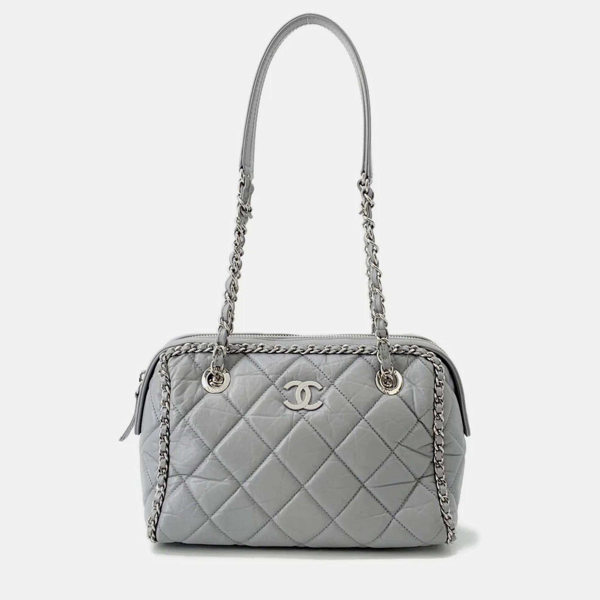 Pre Owned Chanel Luxury Line Chain shoulder Bag Light Gray Calf Leather