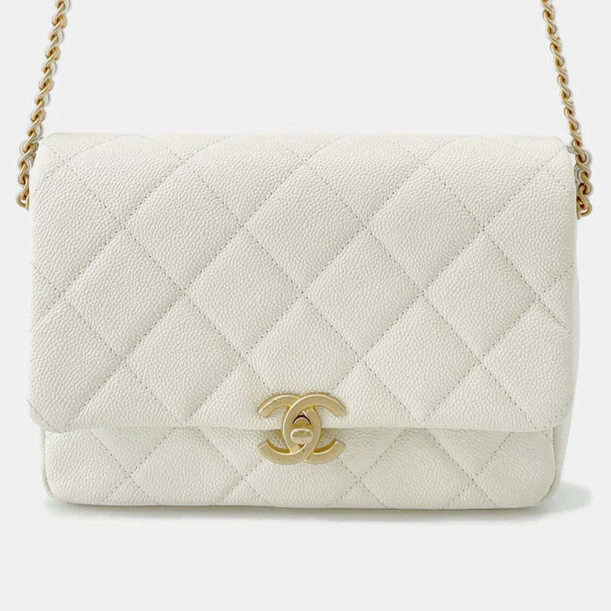 Pre Owned Chanel Matelasse Chain shoulder Bag White Caviar Leather