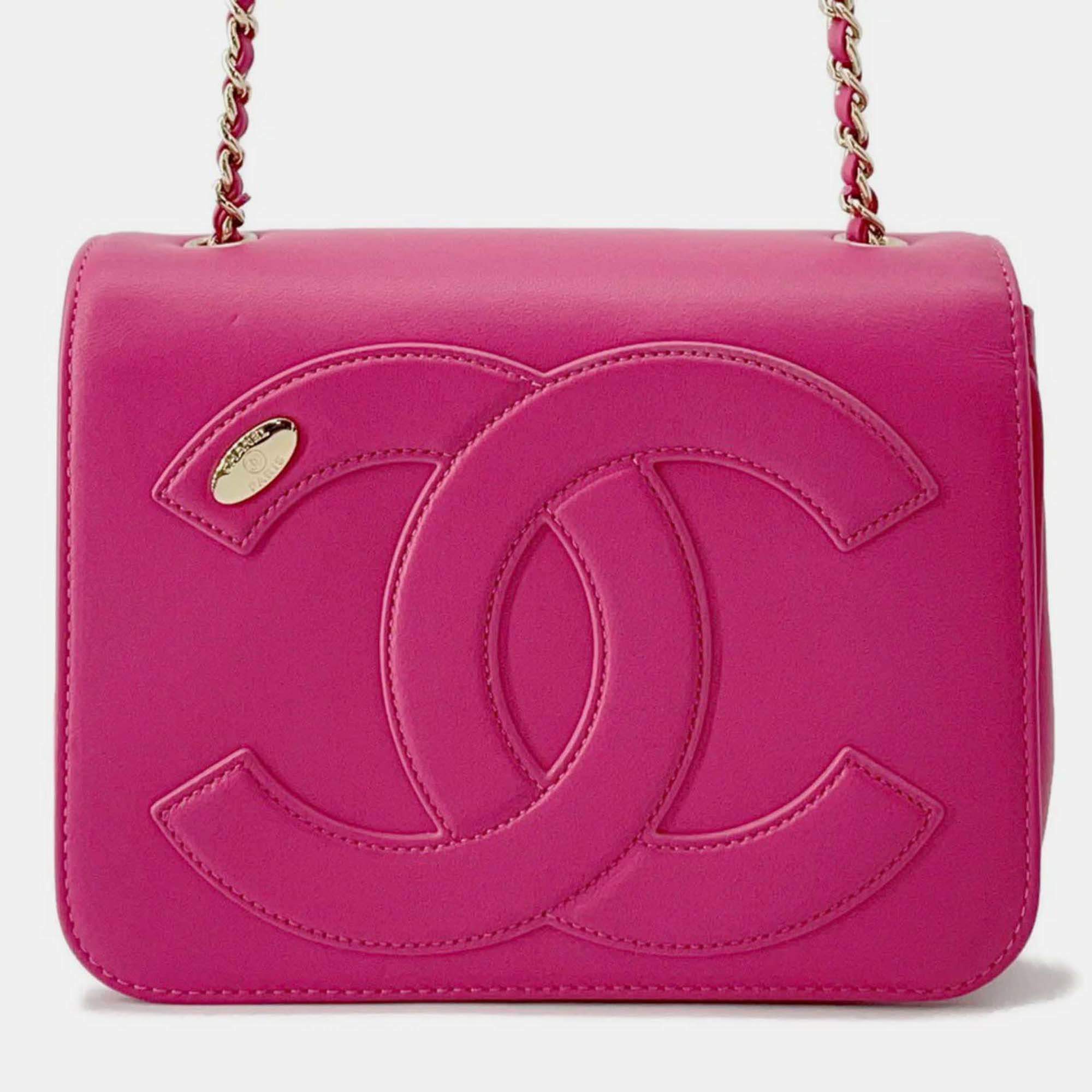 Pre Owned Chanel Big CC Logo Chain shoulder Pink Leather