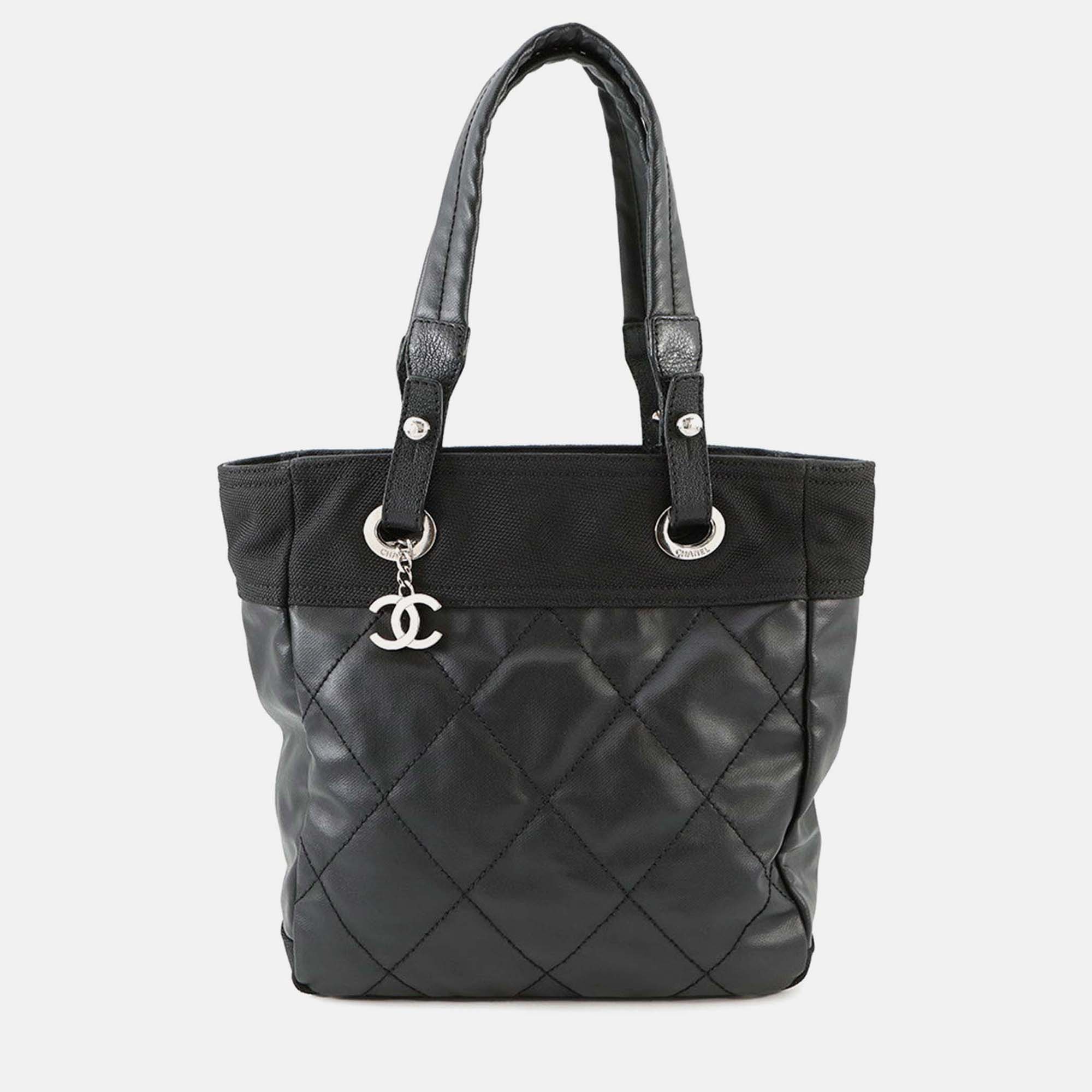 Pre Owned Chanel Paris-Biarritz Tote Black Coating Canvas Leather Size PM