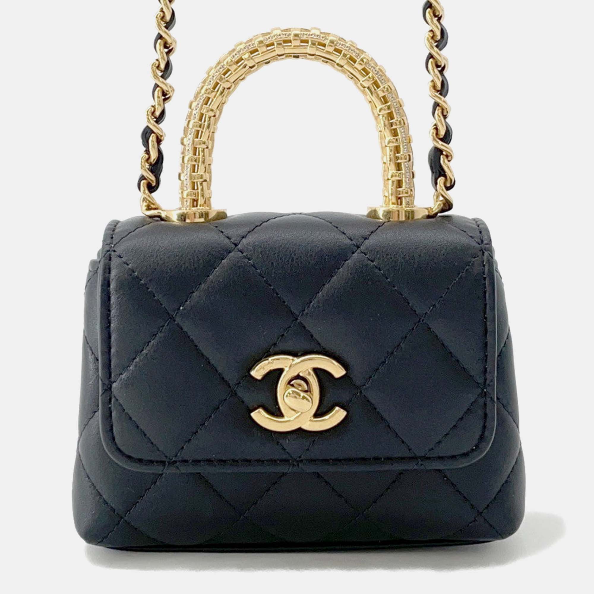 Pre Owned Chanel Coco Handle Chain shoulder Bag Black Lambskin Strass Size Micro