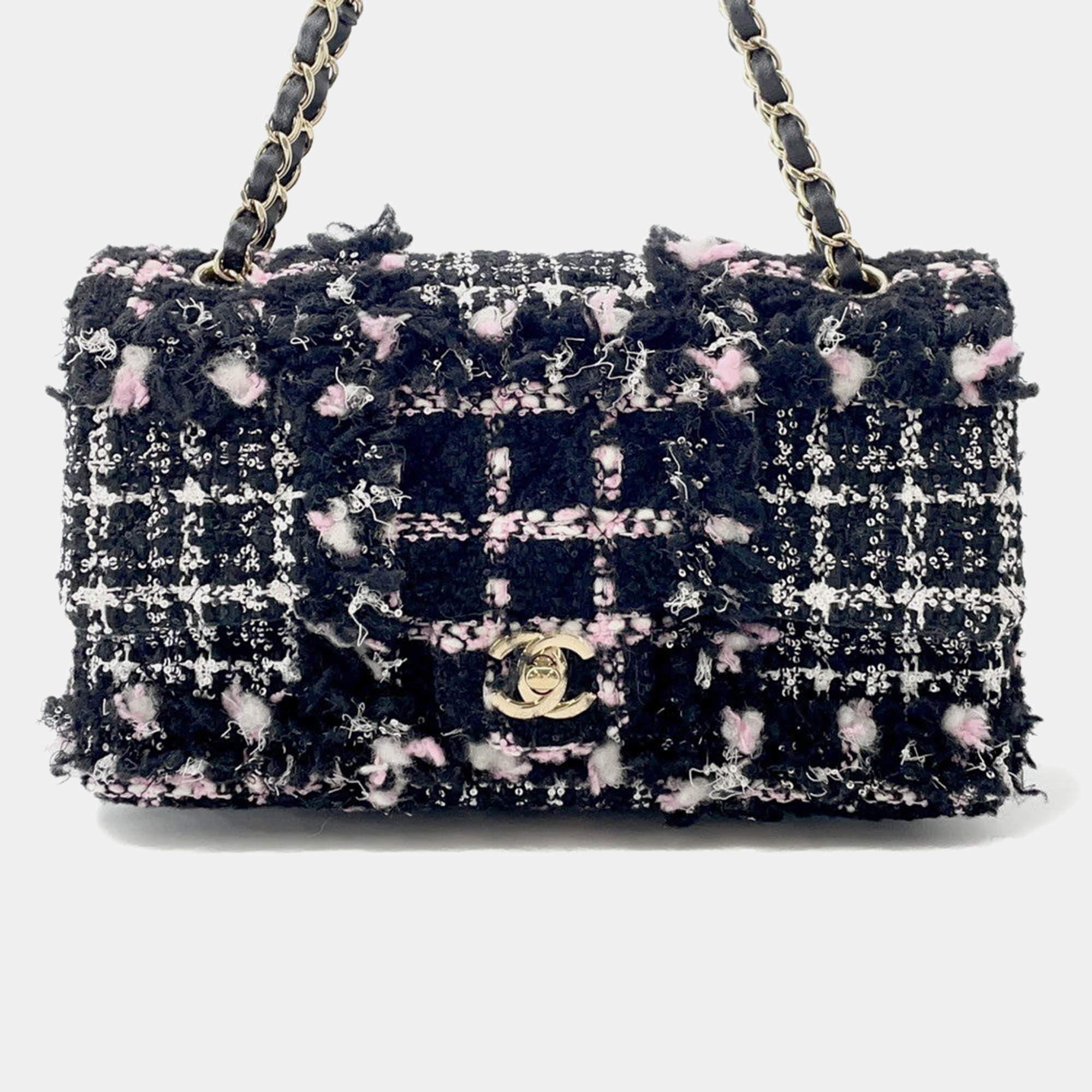 Pre Owned Chanel Matelasse Chain shoulder Bag Black/White/Pink Tweed Lambskin Sequins Size 25