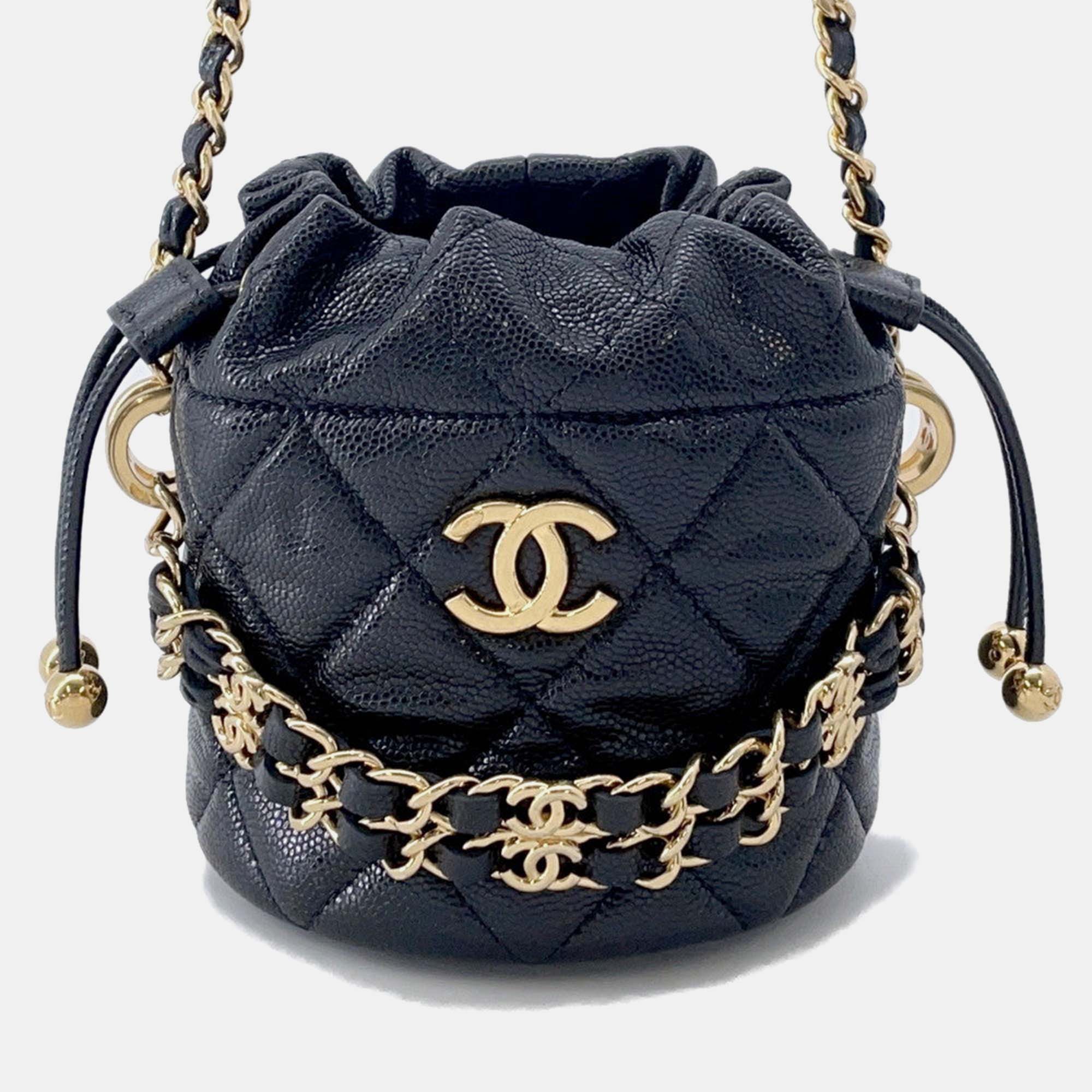 Pre Owned Chanel Matelasse Chain Bucket Bag Black Caviar Leather