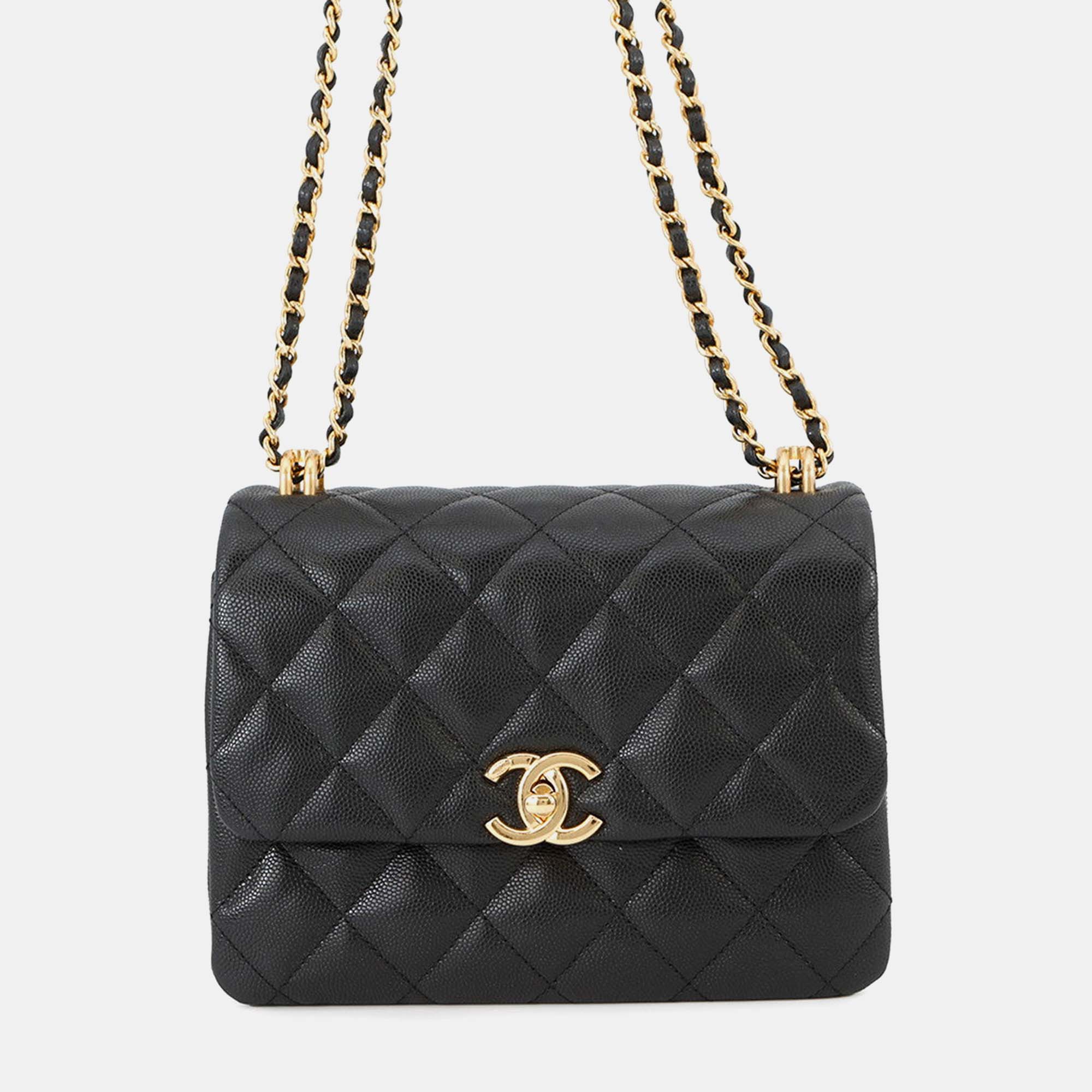 Pre Owned Chanel Coco First Chain shoulder Bag Black Caviar Leather