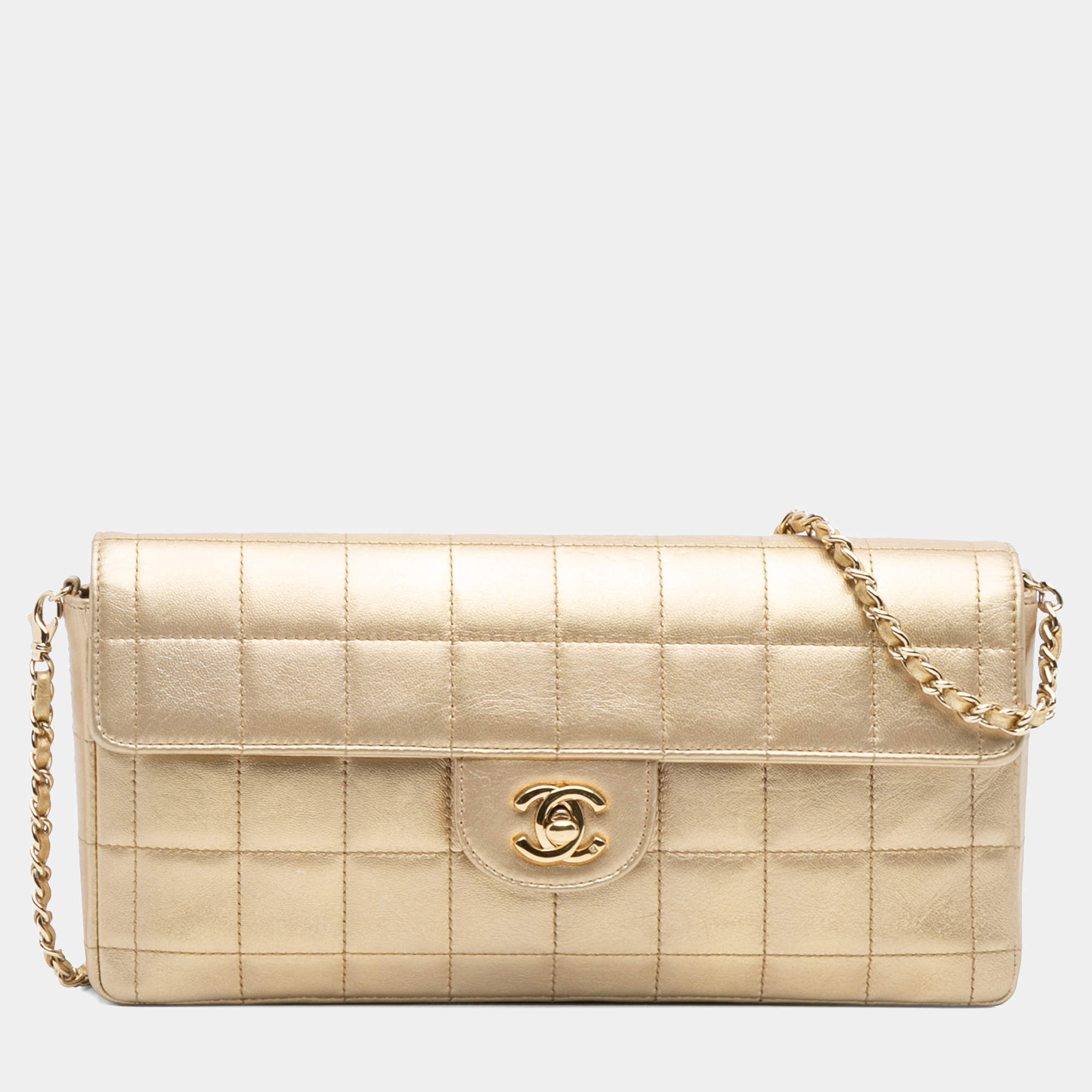 Pre Owned Chanel Gold CC Metallic Lambskin Choco Bar East West Flap